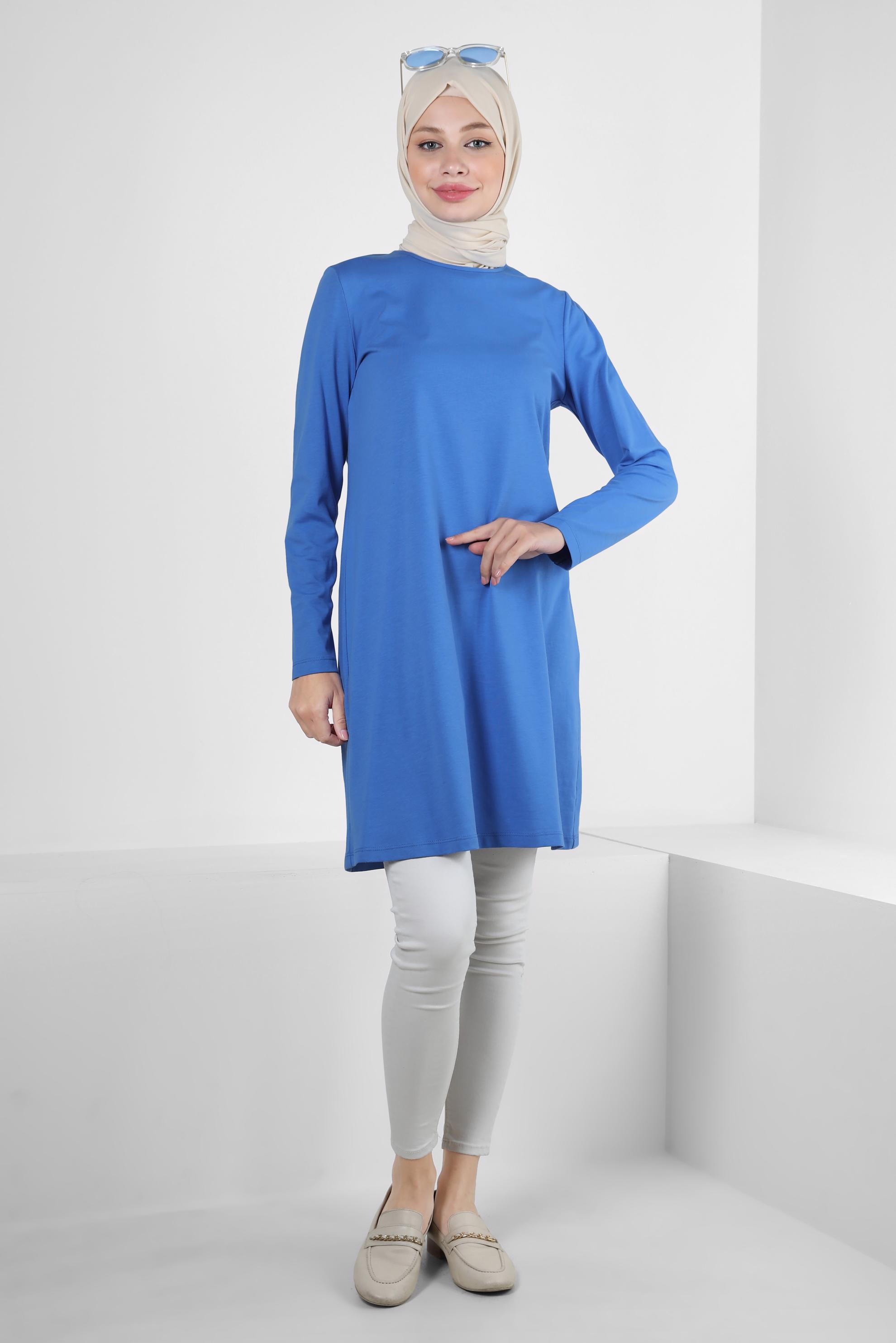 Tesettür giyim MAVİ BİSİKLET YAKA DÜZ TUNİK 43942