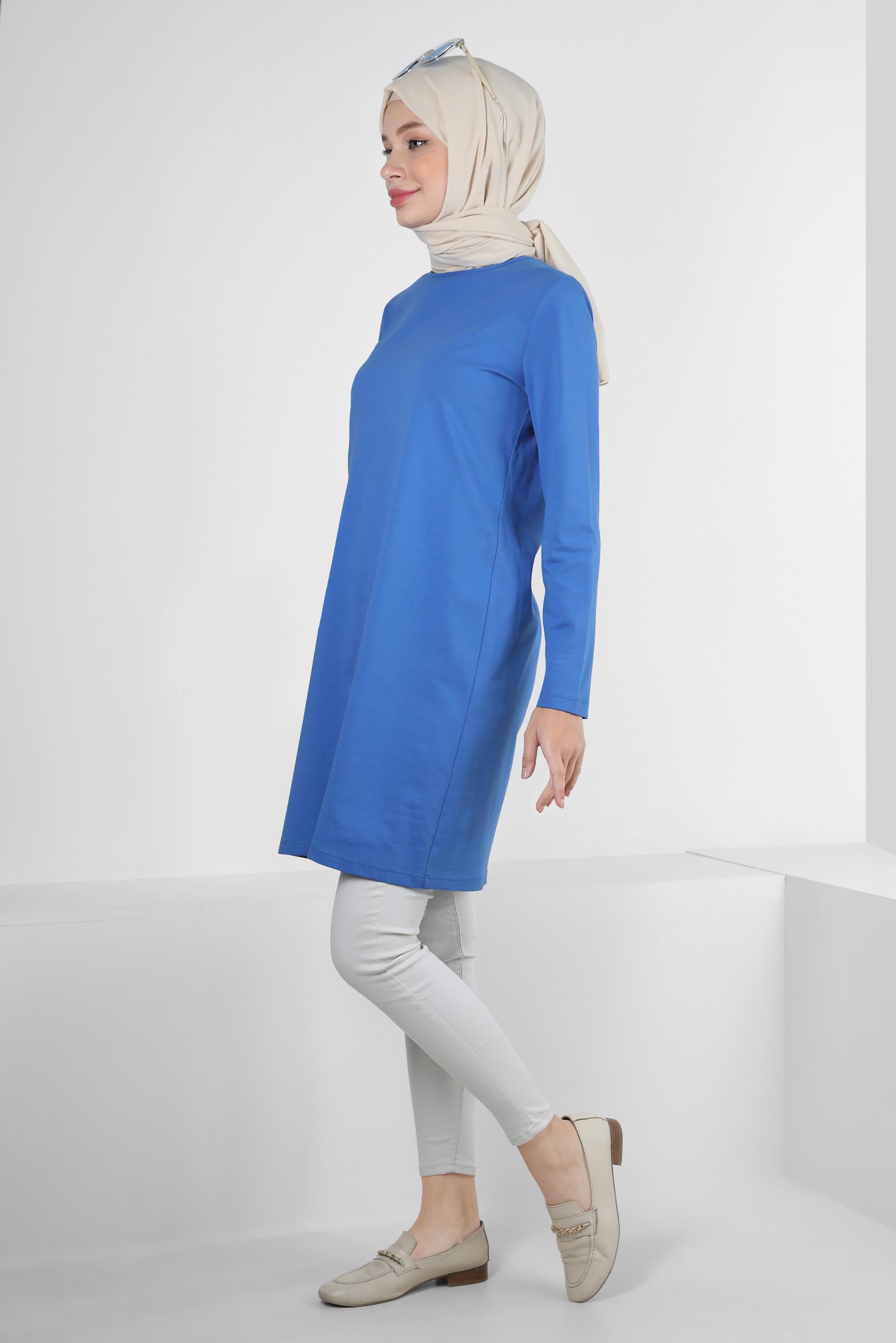 Tesettür giyim MAVİ BİSİKLET YAKA DÜZ TUNİK 43942