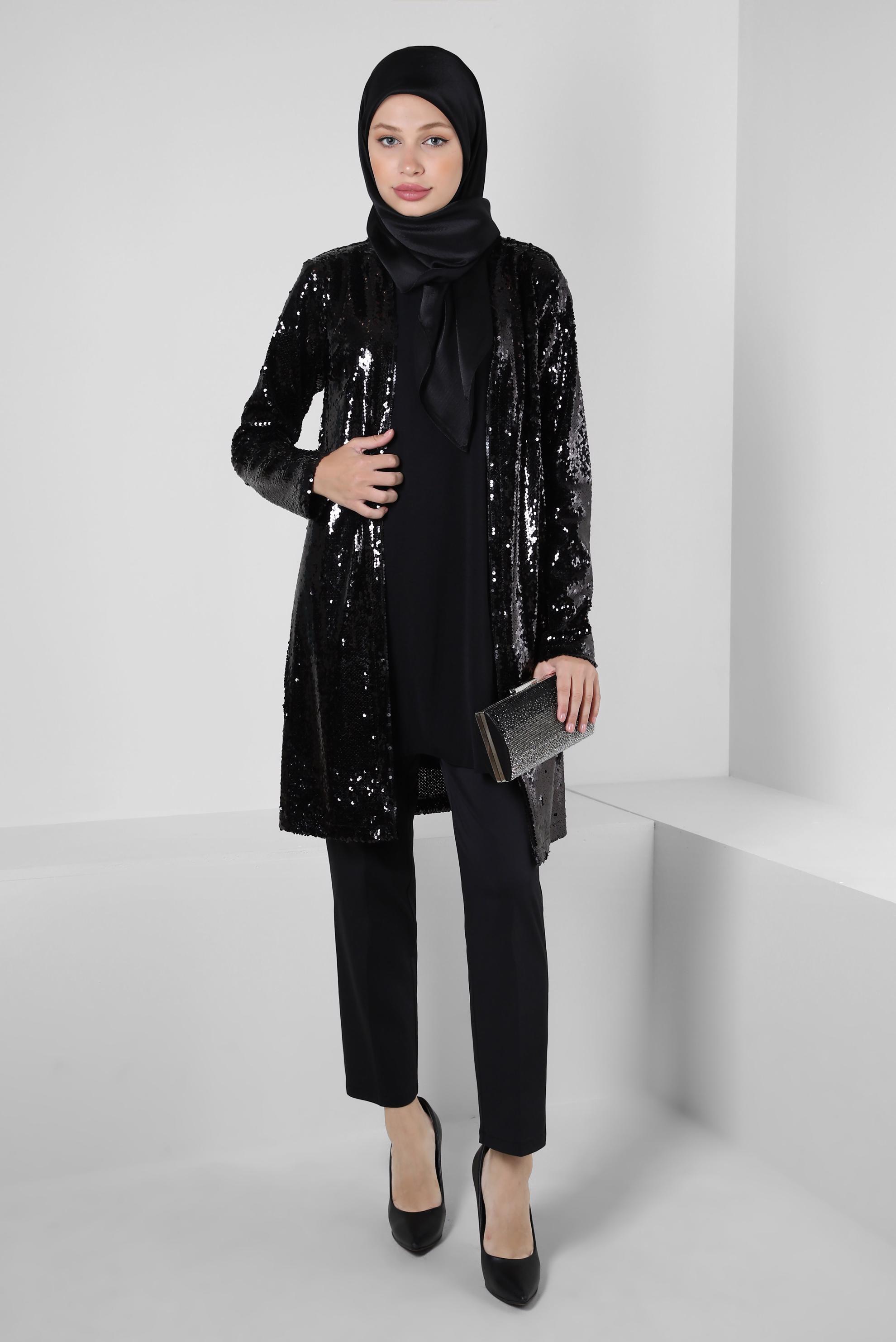 Tesettür giyim SİYAH PUL PAYETLİ İKİLİ CEKETLİ TUNİK 43945