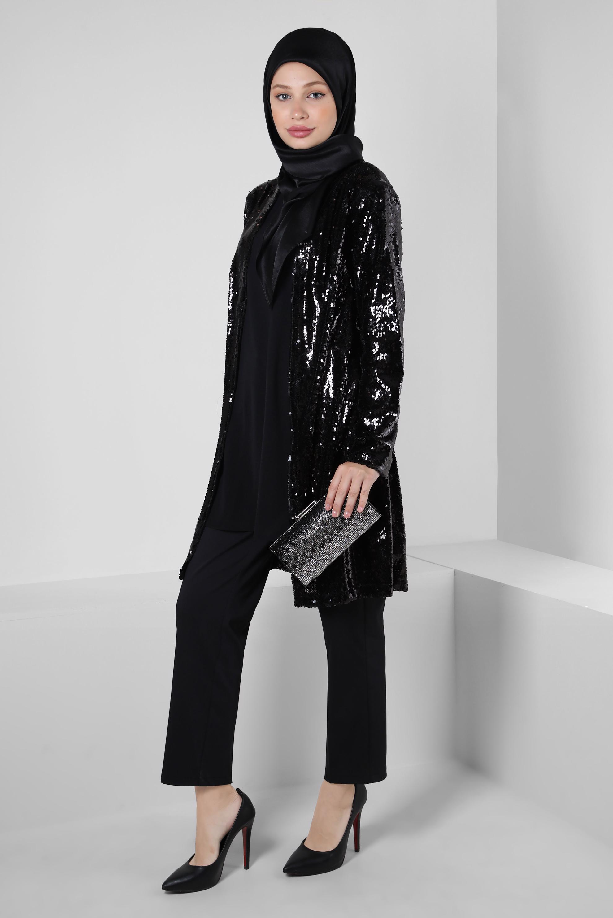 Tesettür giyim SİYAH PUL PAYETLİ İKİLİ CEKETLİ TUNİK 43945