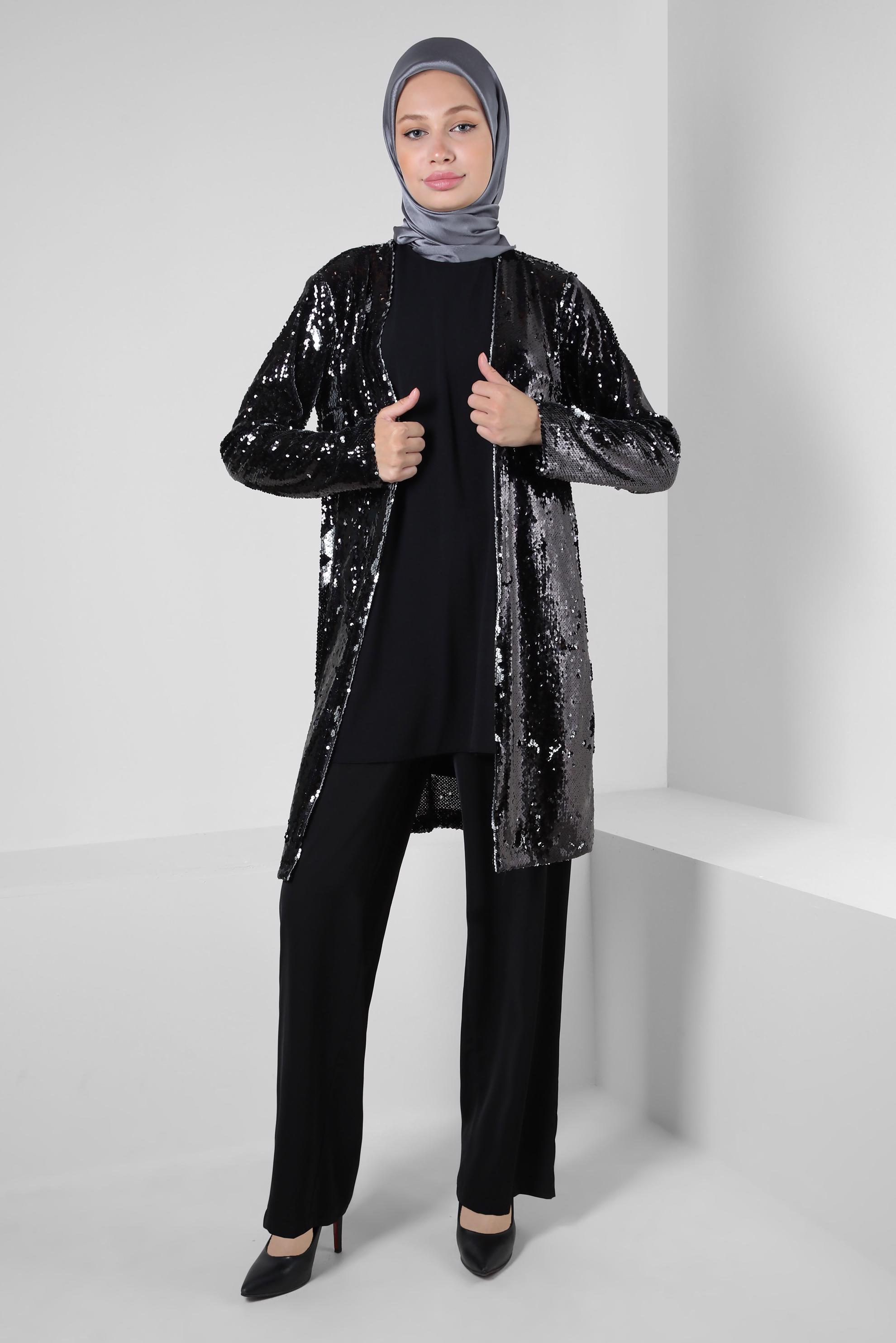 Tesettür giyim SİYAH PUL PAYETLİ İKİLİ CEKETLİ TUNİK 43945