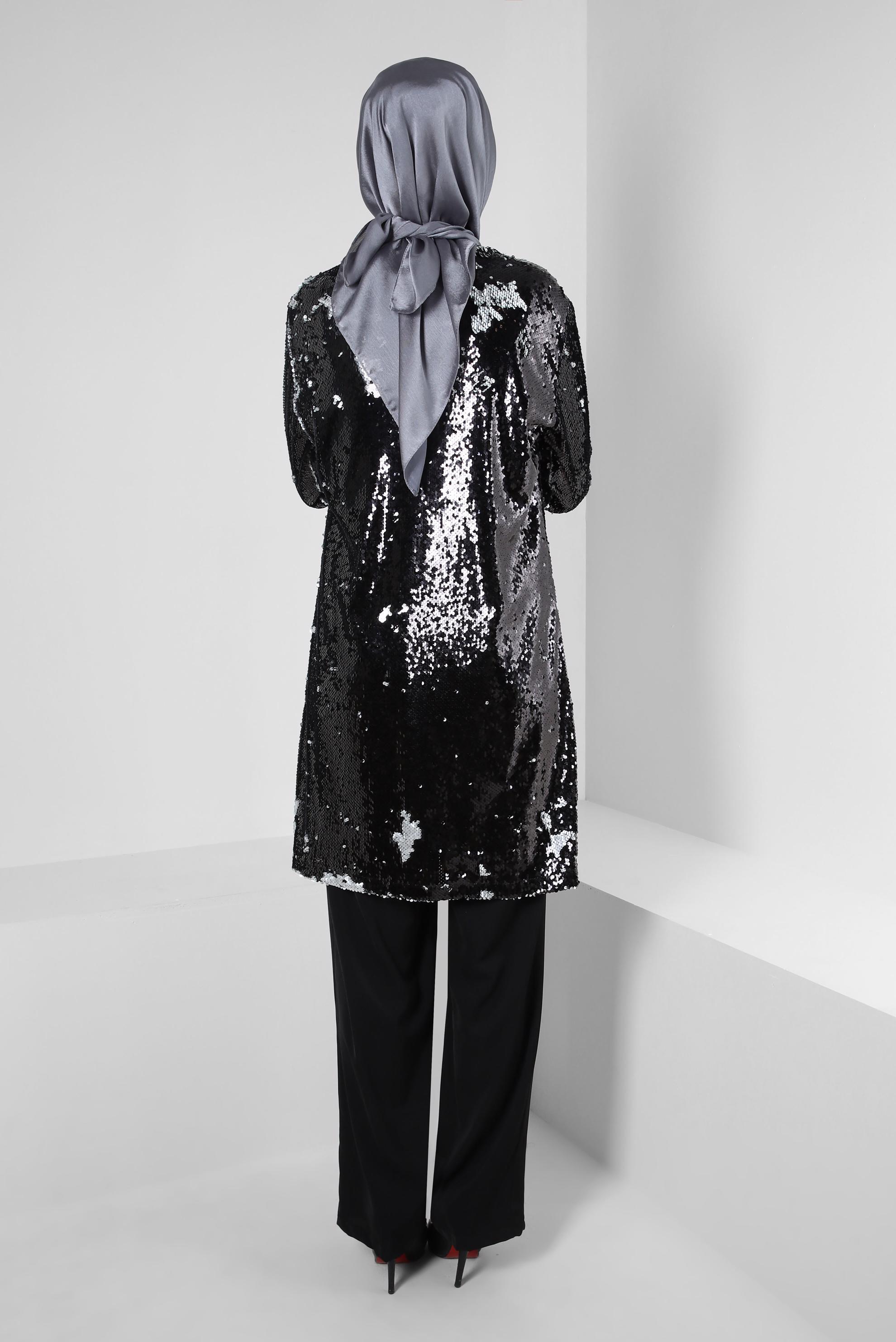 Tesettür giyim SİYAH PUL PAYETLİ İKİLİ CEKETLİ TUNİK 43945