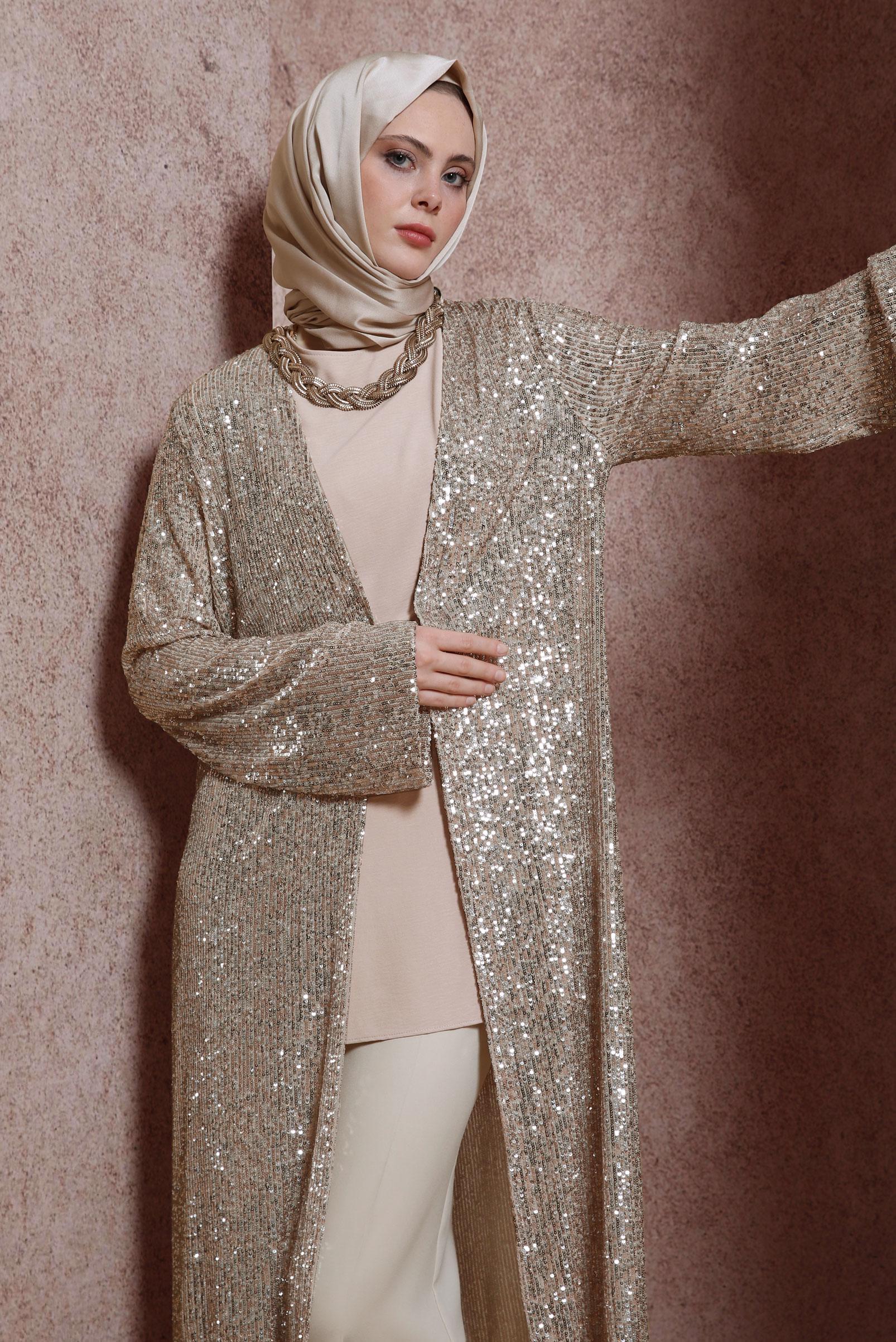 Tesettür giyim BAKIR / BRONZ PUL PAYETLİ CEKETLİ TUNİK 43946