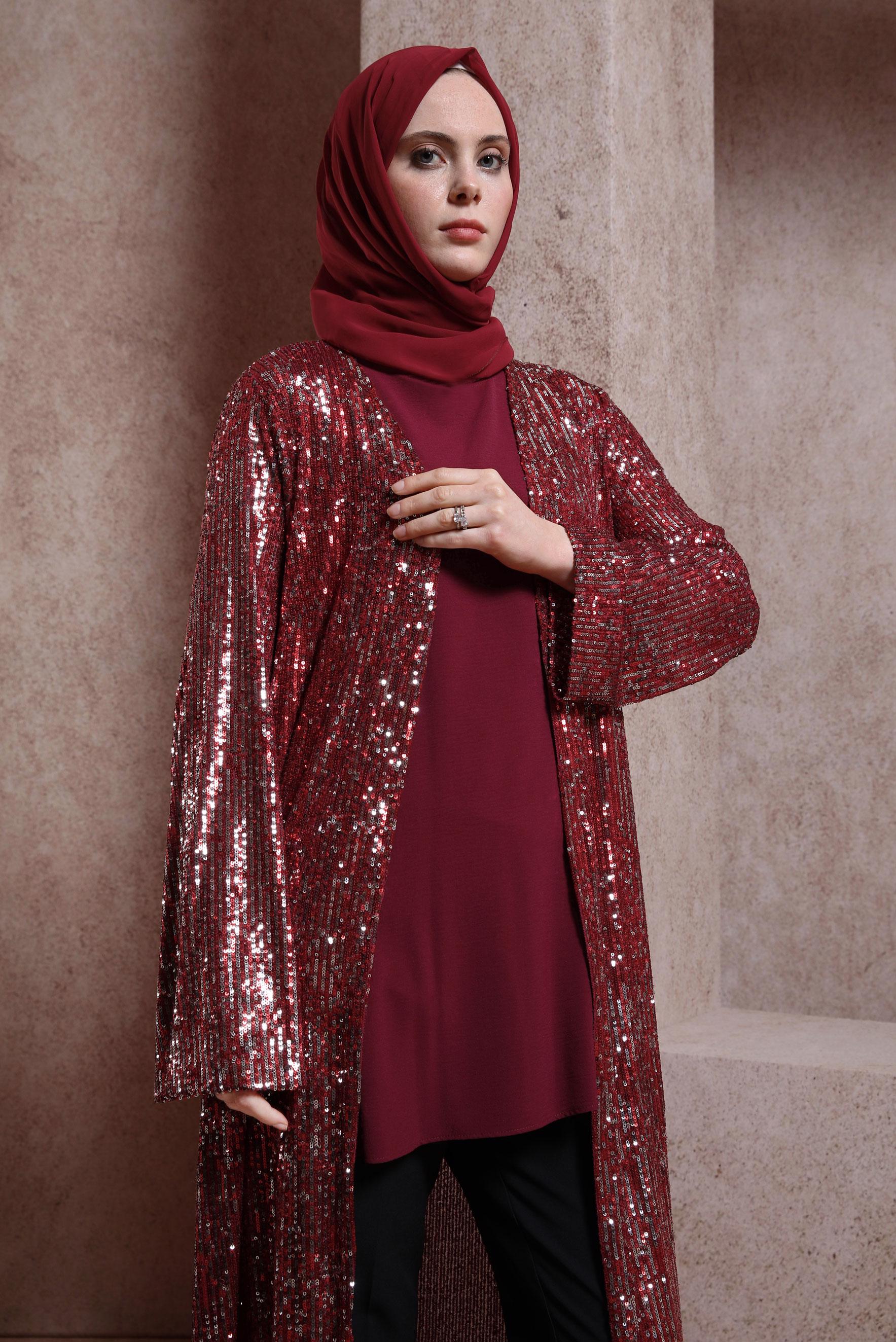 Tesettür giyim KIRMIZI PUL PAYETLİ CEKETLİ TUNİK 43946