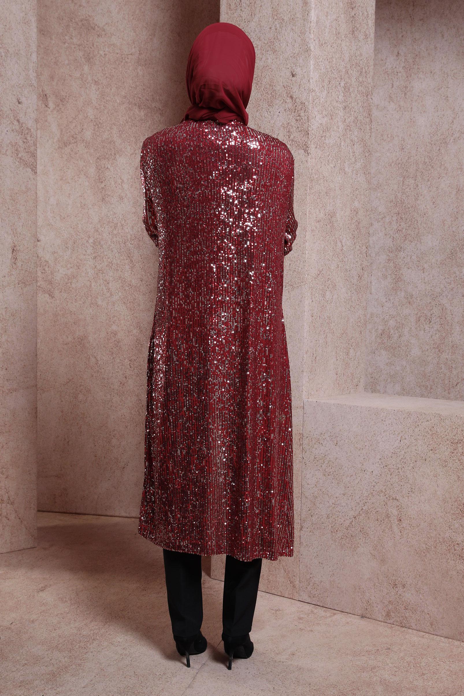 Tesettür giyim KIRMIZI PUL PAYETLİ CEKETLİ TUNİK 43946