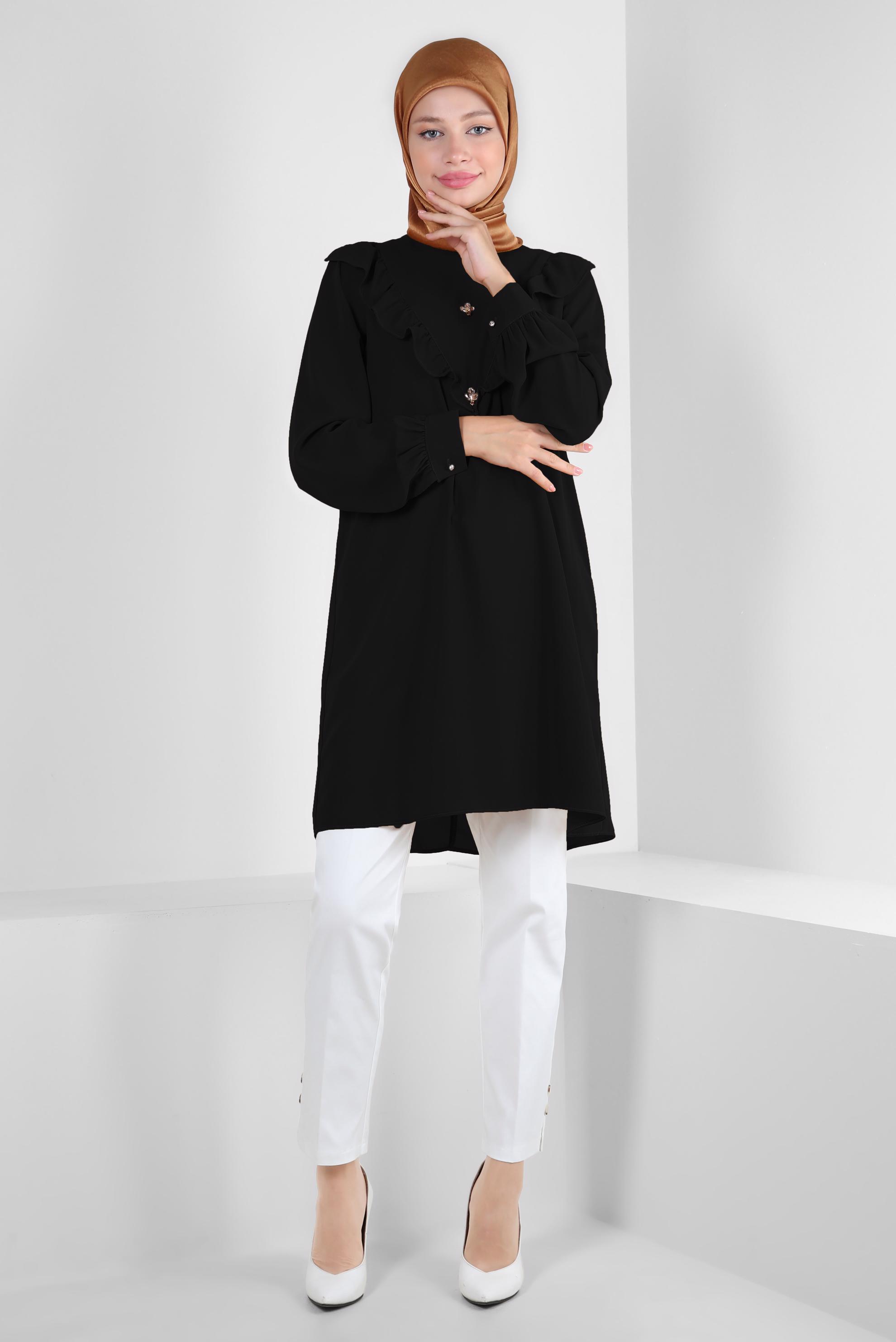 Tesettür giyim SİYAH FIRFIR DETAYLI TAŞLI TUNİK 43772