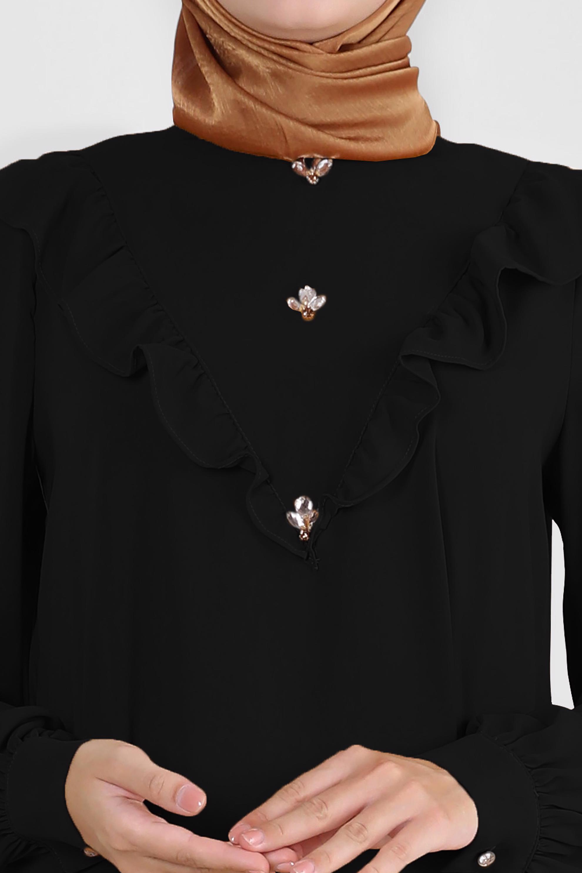 Tesettür giyim SİYAH FIRFIR DETAYLI TAŞLI TUNİK 43772