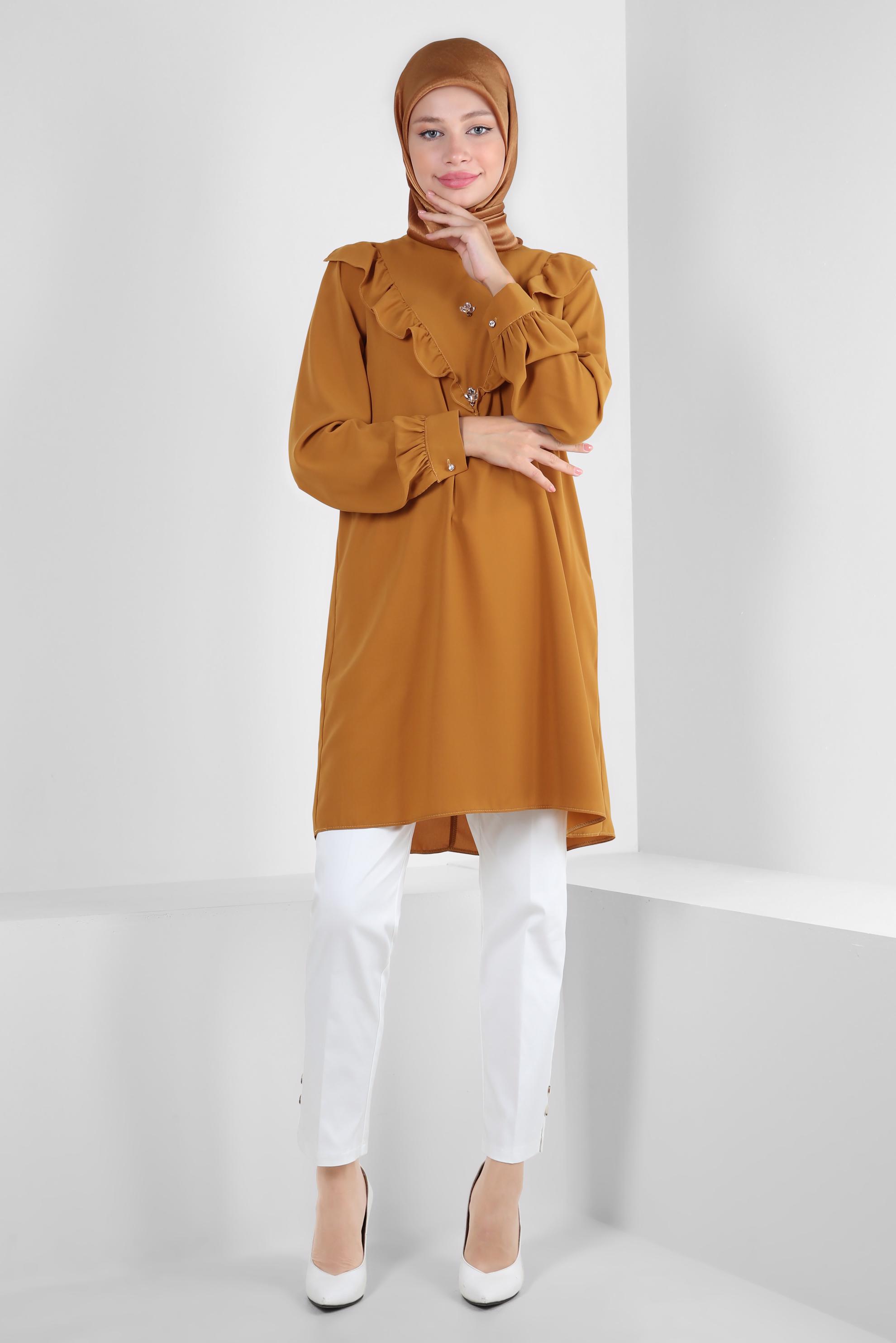 Tesettür giyim SARI FIRFIR DETAYLI TAŞLI TUNİK 43772