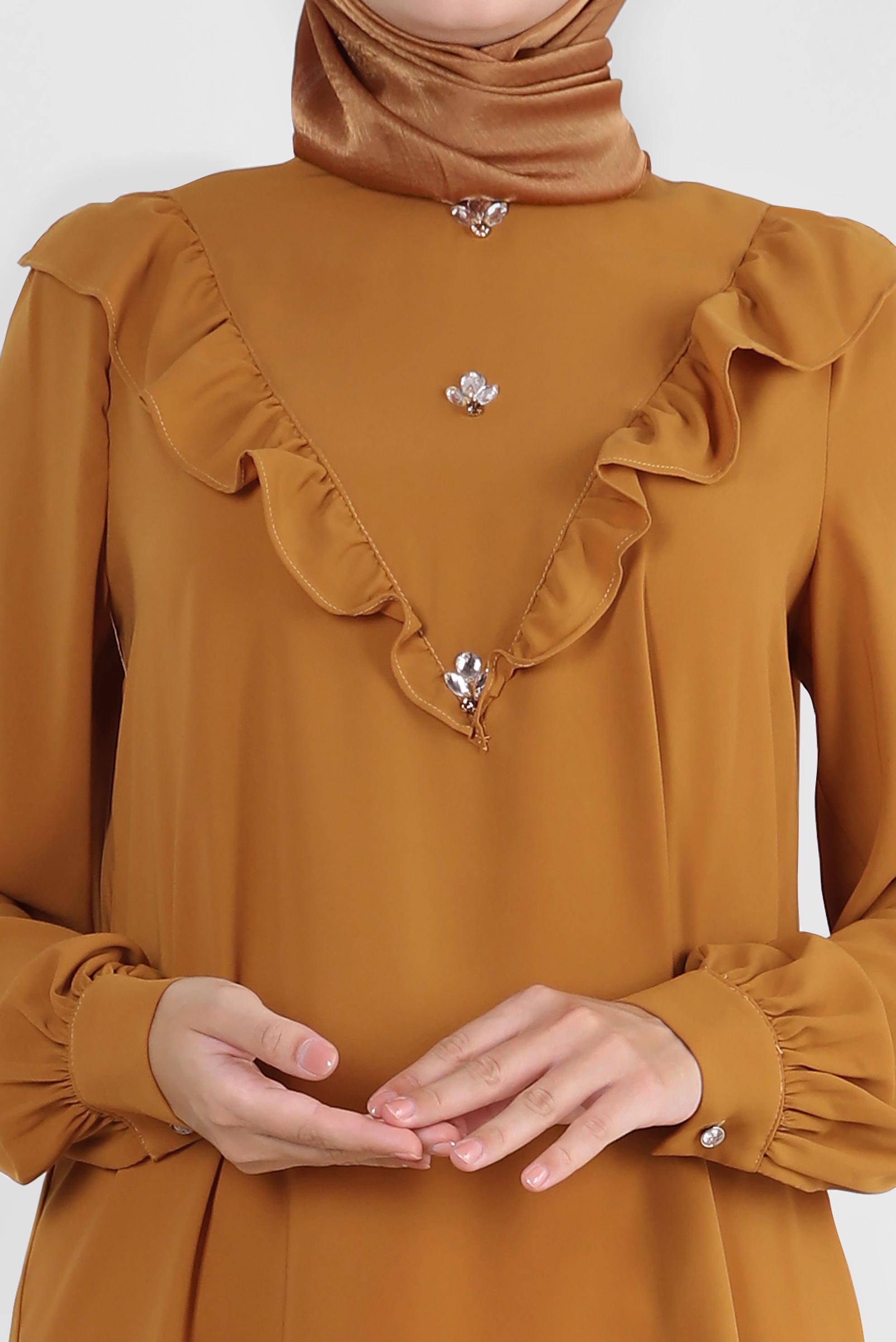 Tesettür giyim SARI FIRFIR DETAYLI TAŞLI TUNİK 43772