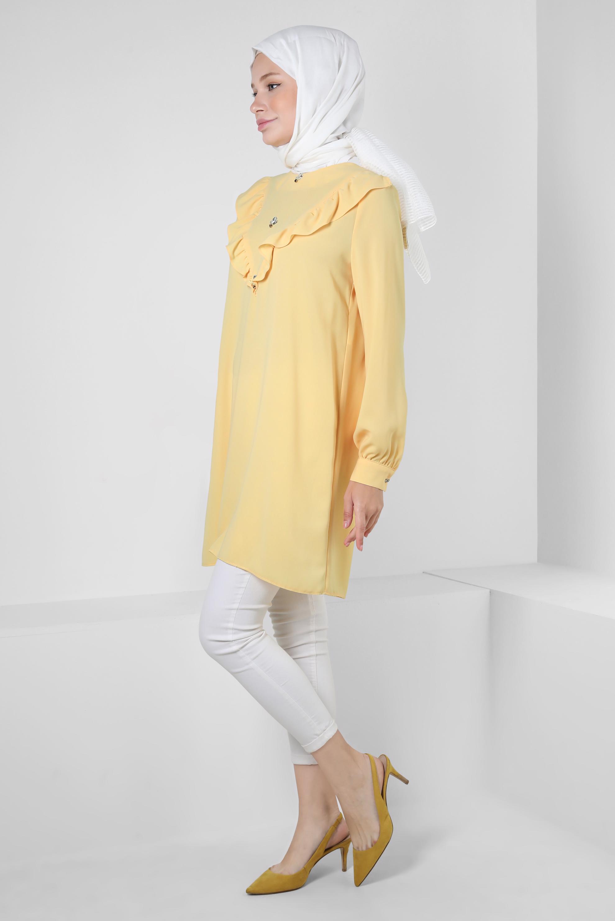 Tesettür giyim SARI FIRFIR DETAYLI TAŞLI TUNİK 43772