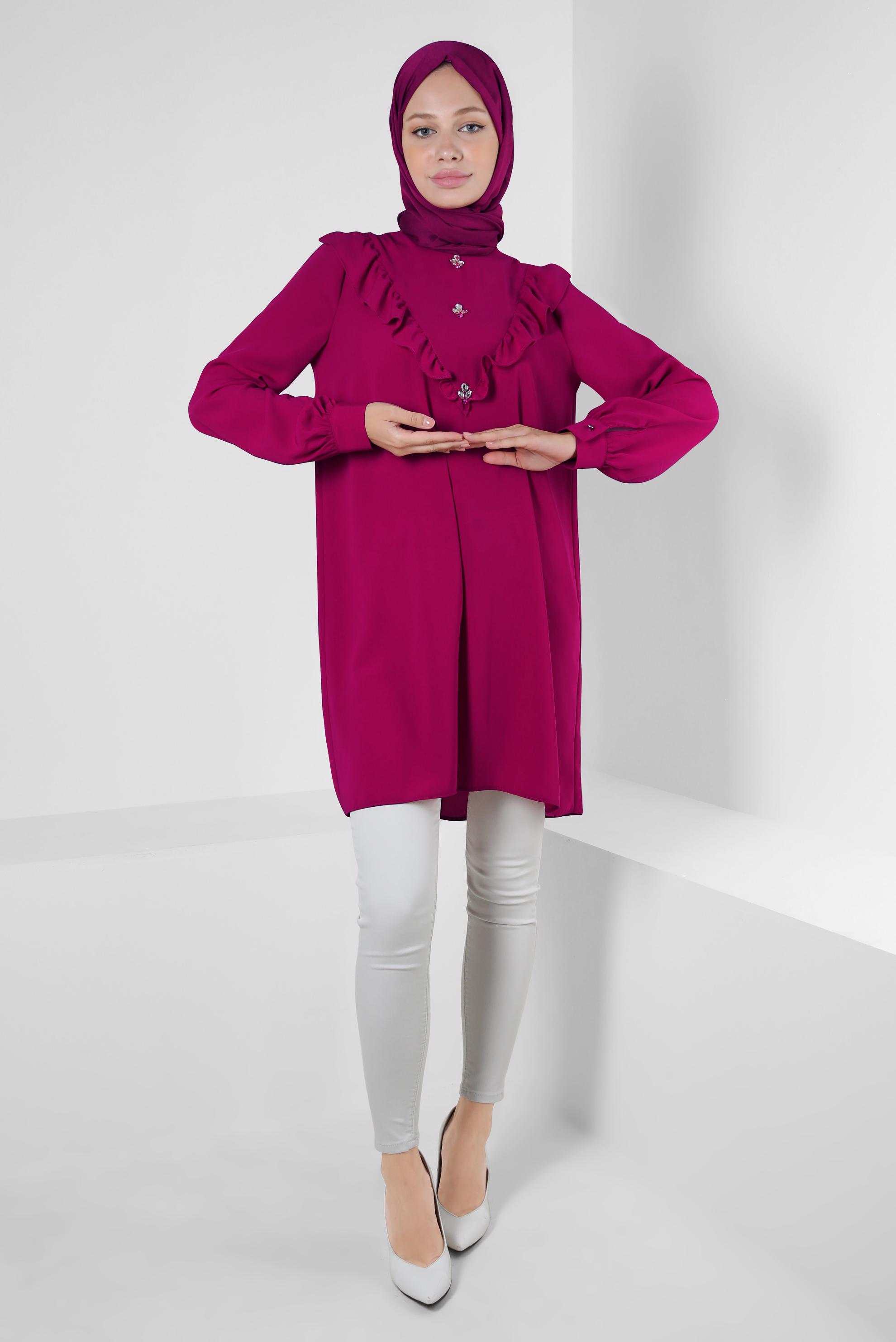 Tesettür giyim FUŞYA FIRFIR DETAYLI TAŞLI TUNİK 43772