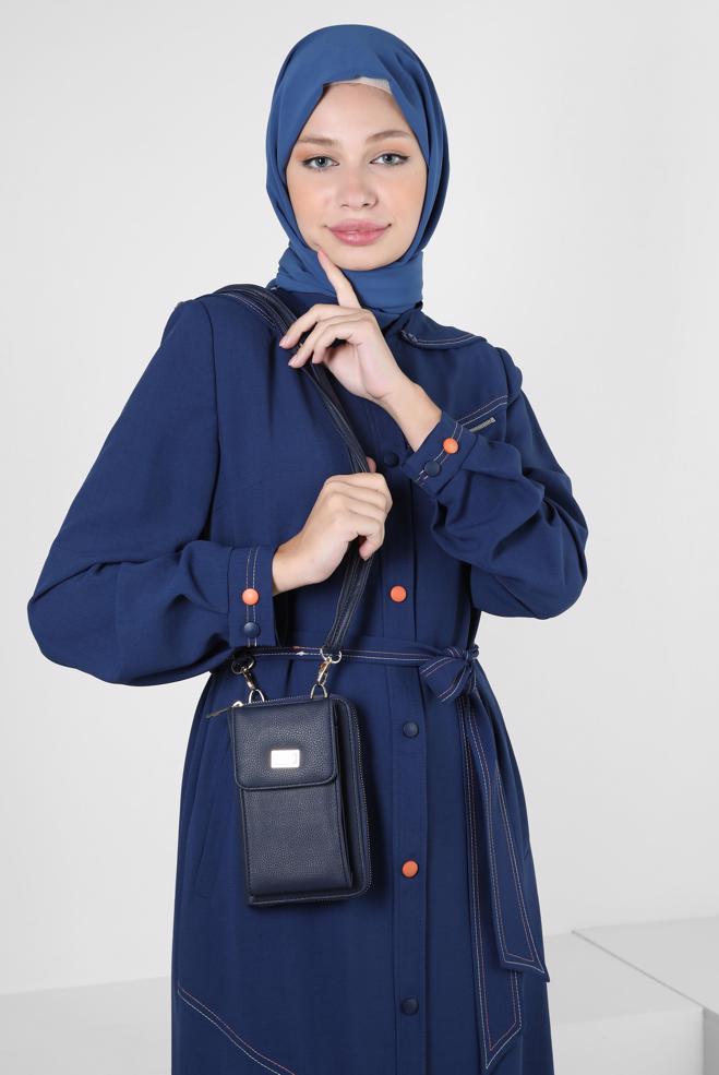 Tesettür giyim LACİVERT ÇIKARILABİLİR KAPÜŞONLU KUŞAKLI TRENÇKOT 10708 - ALVİNA