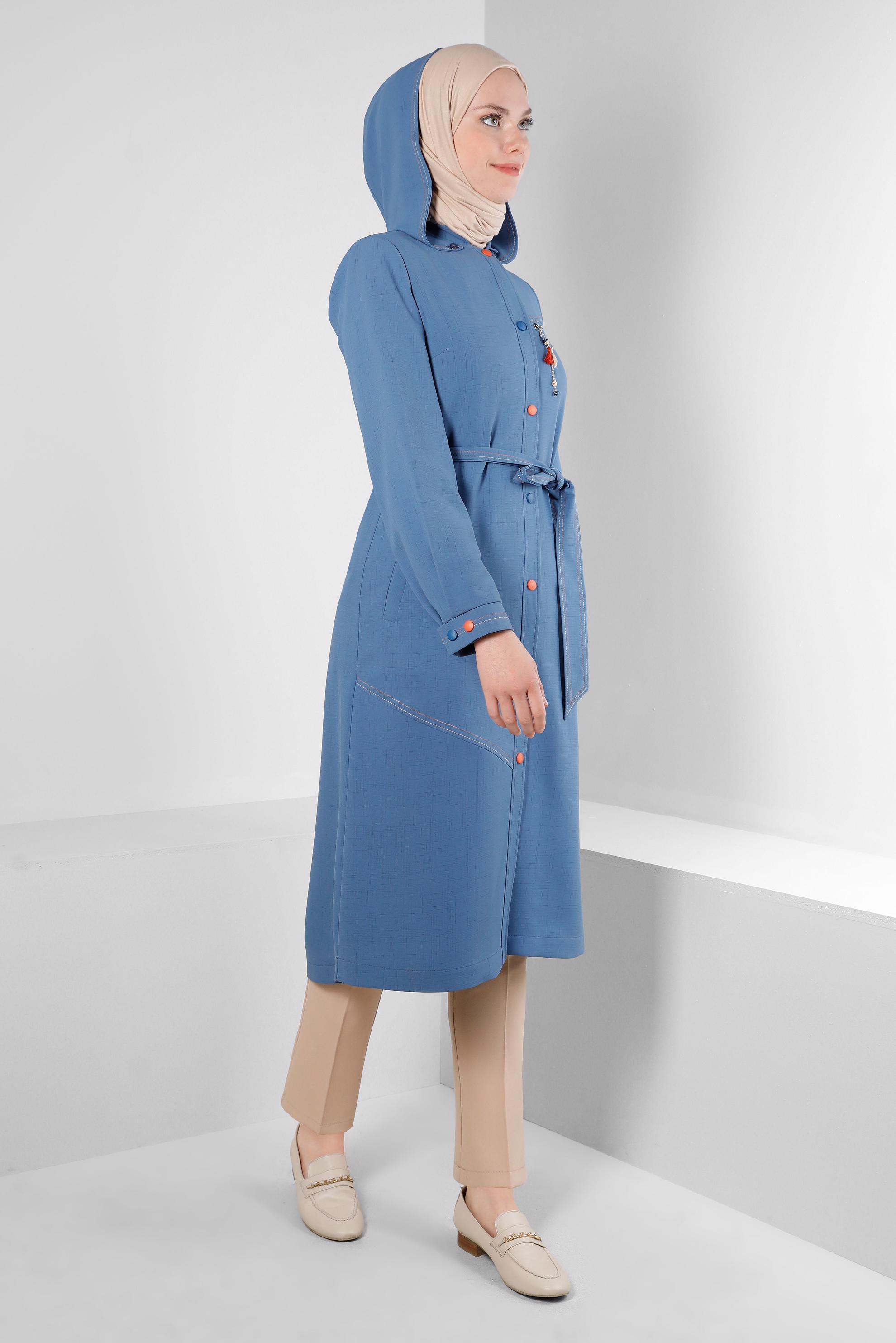 Tesettür giyim LACİVERT ÇIKARILABİLİR KAPÜŞONLU KUŞAKLI TRENÇKOT 10708