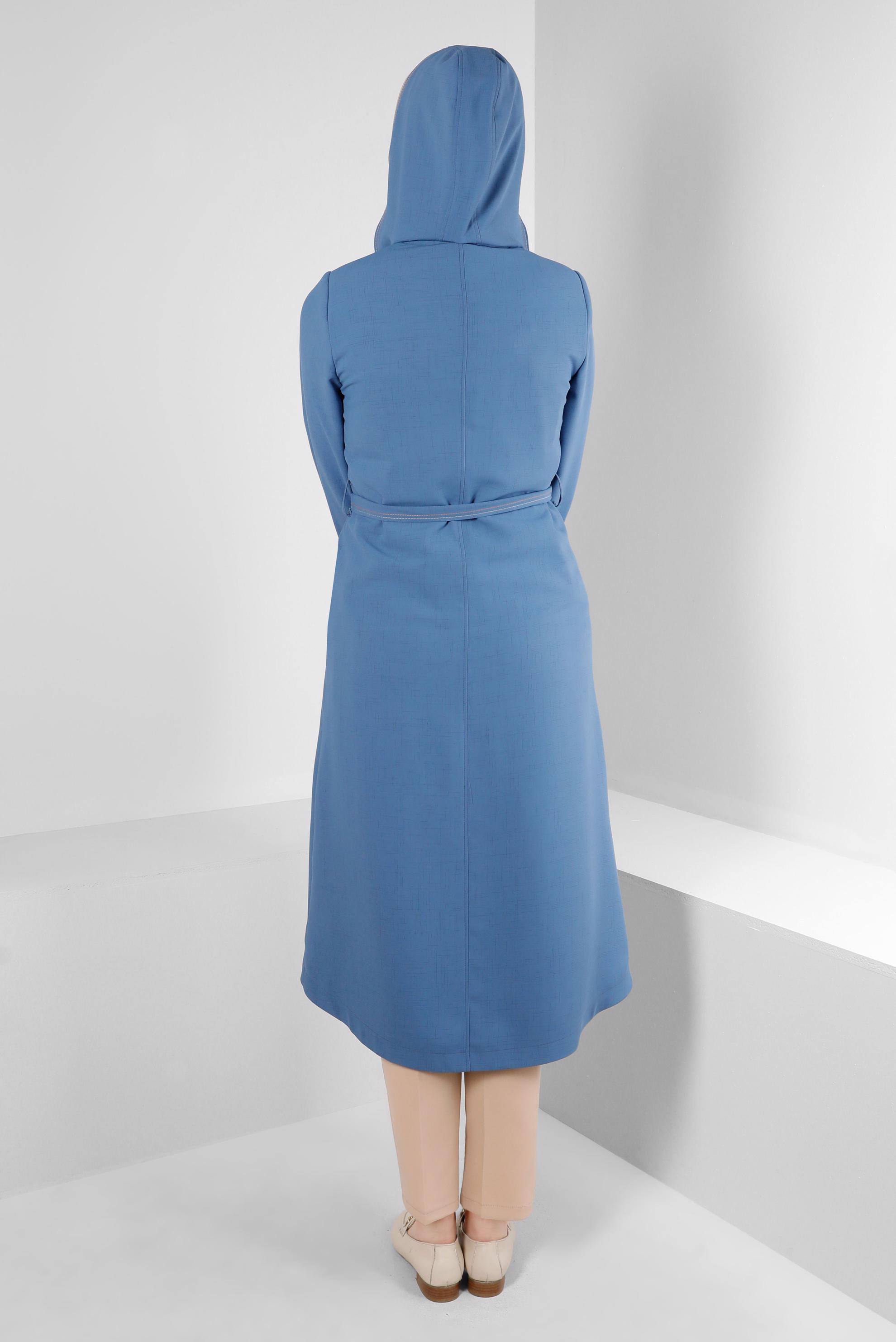 Tesettür giyim LACİVERT ÇIKARILABİLİR KAPÜŞONLU KUŞAKLI TRENÇKOT 10708