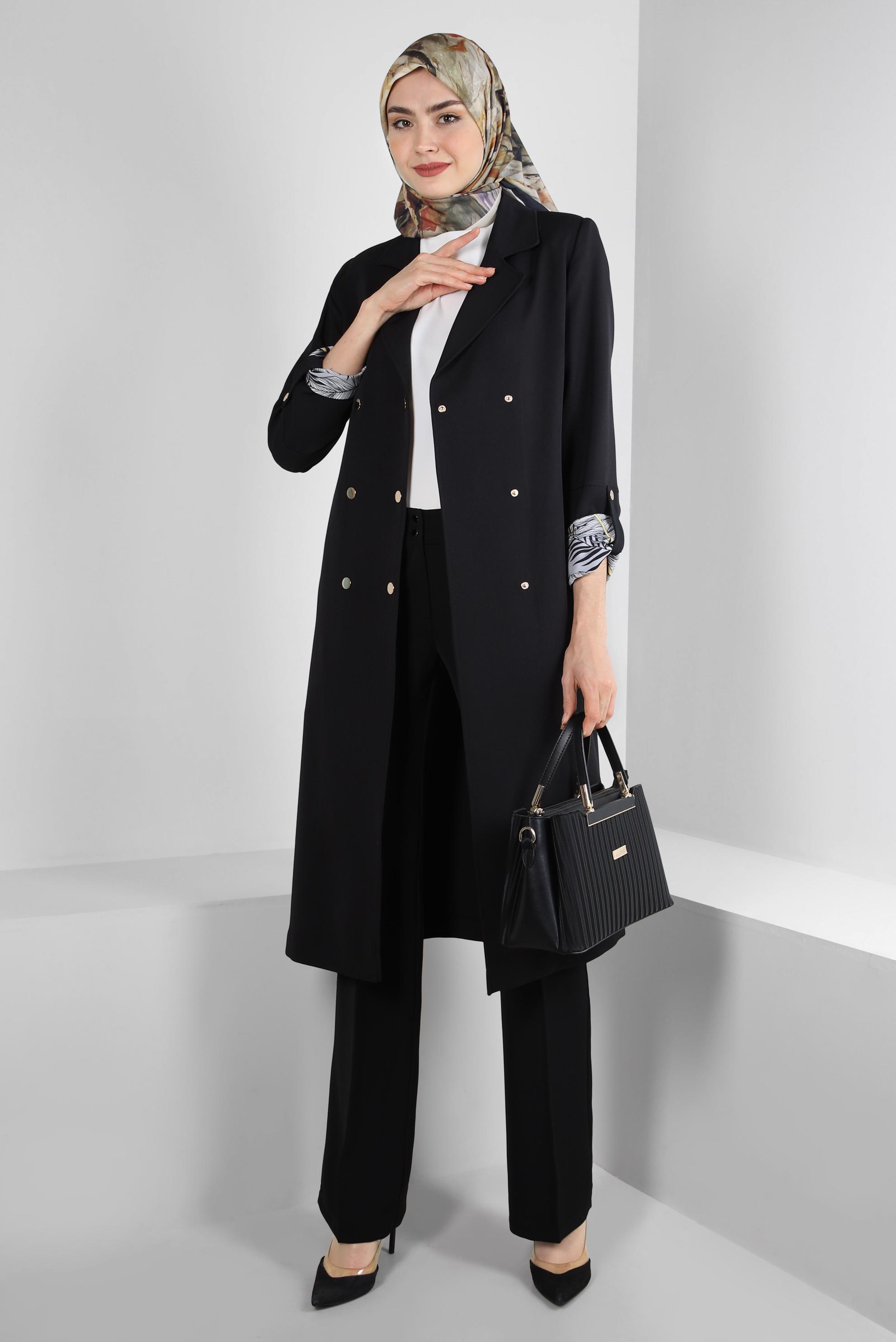 Tesettür giyim SİYAH KRUVAZE YAKA KUŞAKLI TRENÇKOT 10713