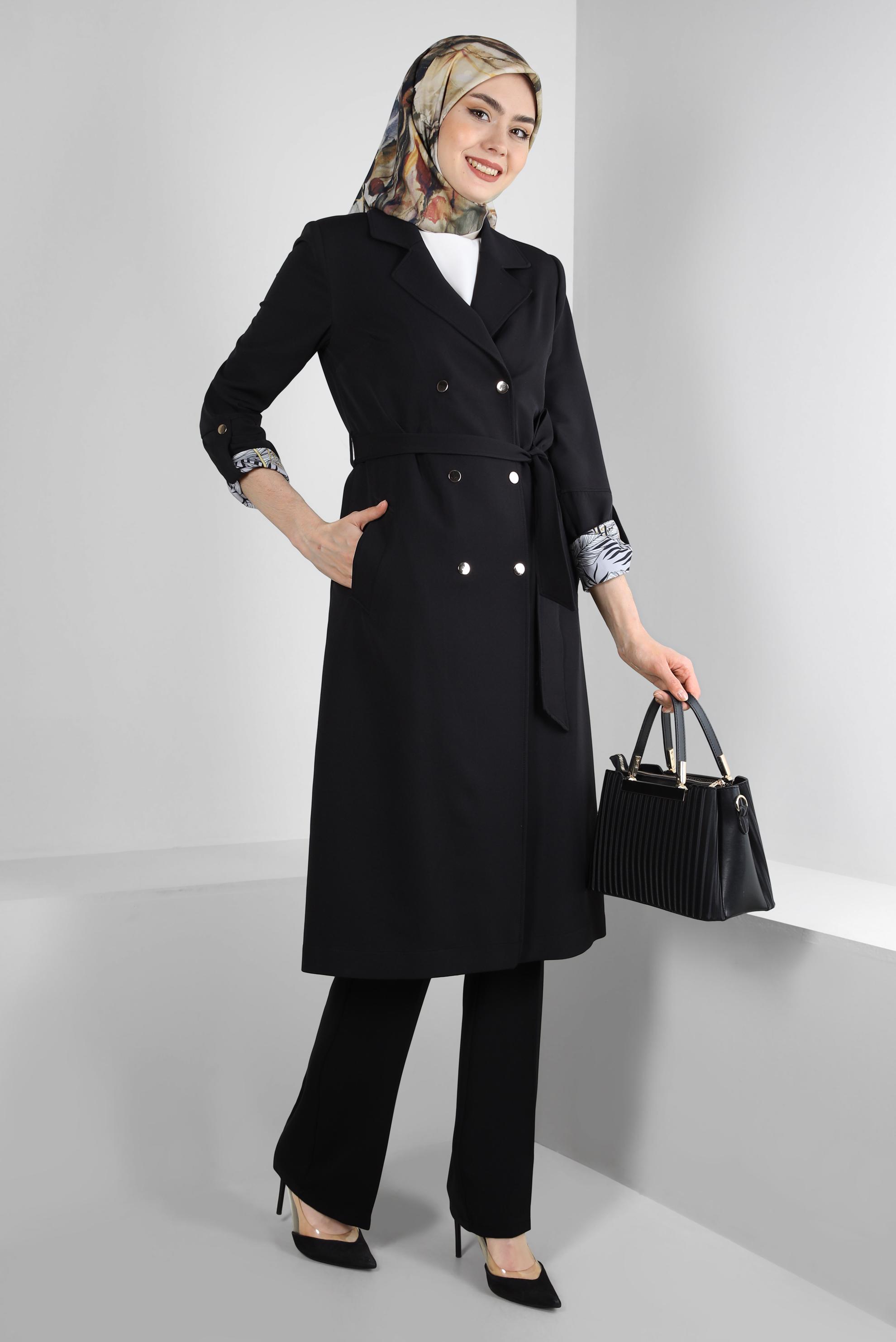 Tesettür giyim SİYAH KRUVAZE YAKA KUŞAKLI TRENÇKOT 10713