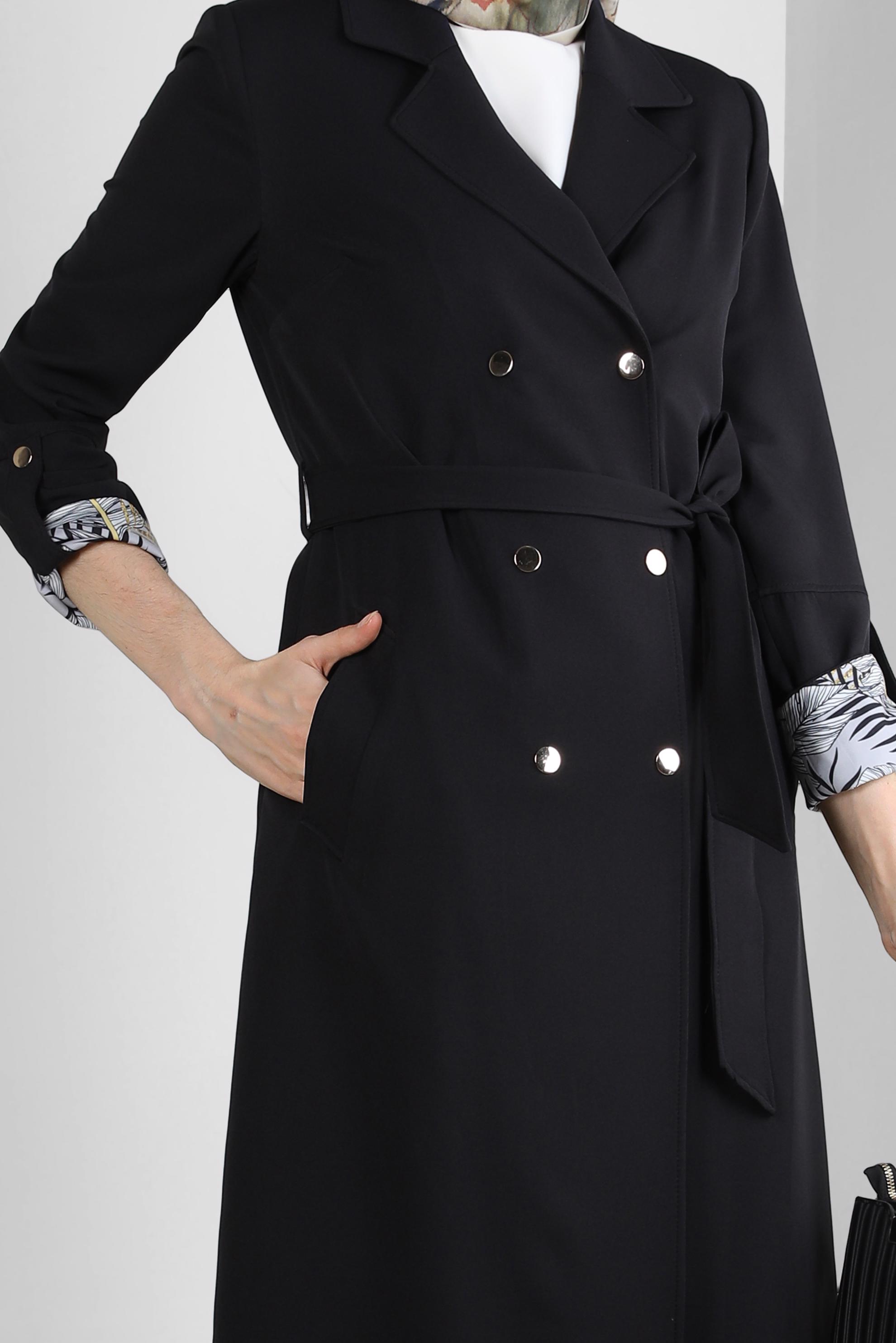 Tesettür giyim SİYAH KRUVAZE YAKA KUŞAKLI TRENÇKOT 10713