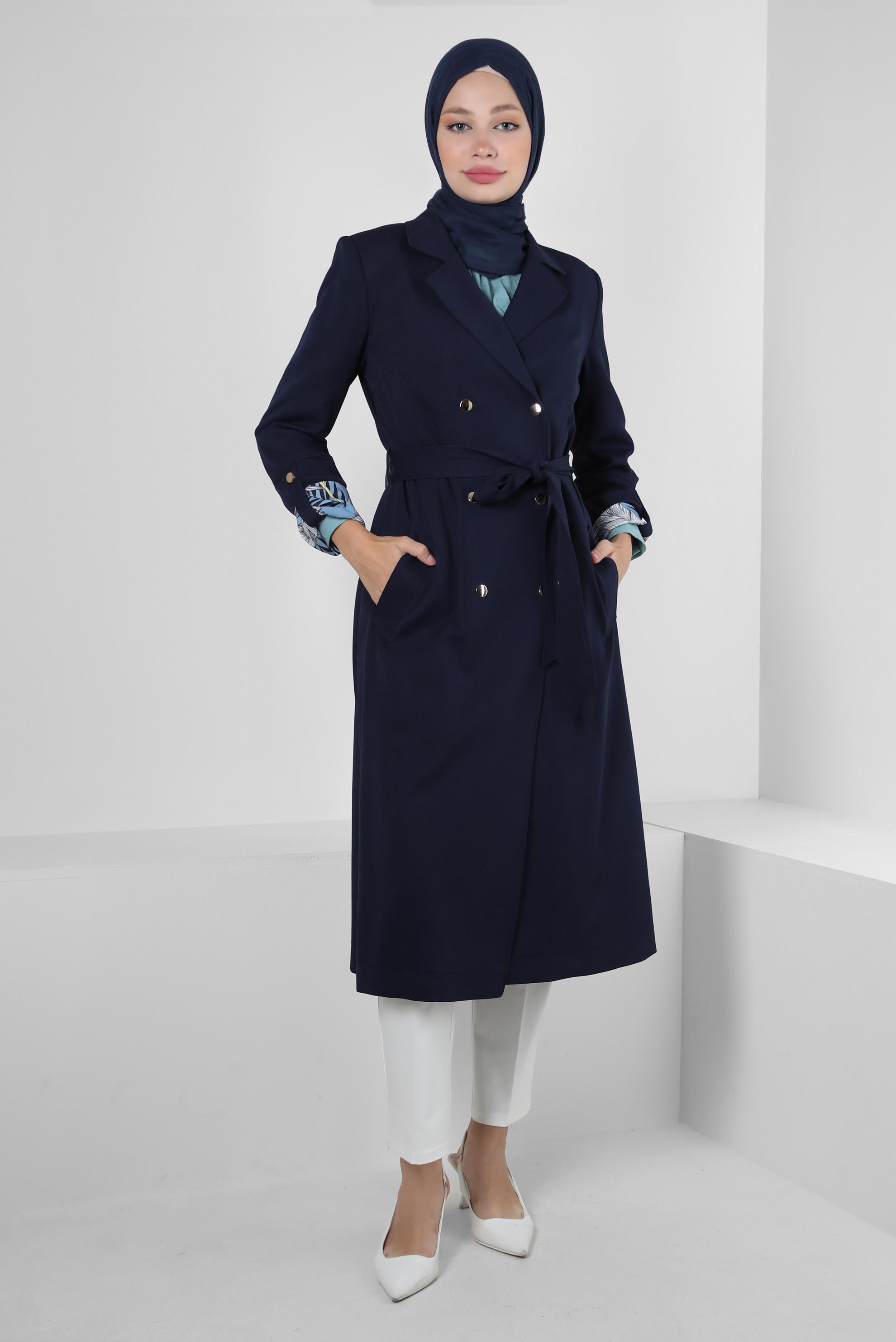 Tesettür giyim LACİVERT KRUVAZE YAKA KUŞAKLI TRENÇKOT 10713