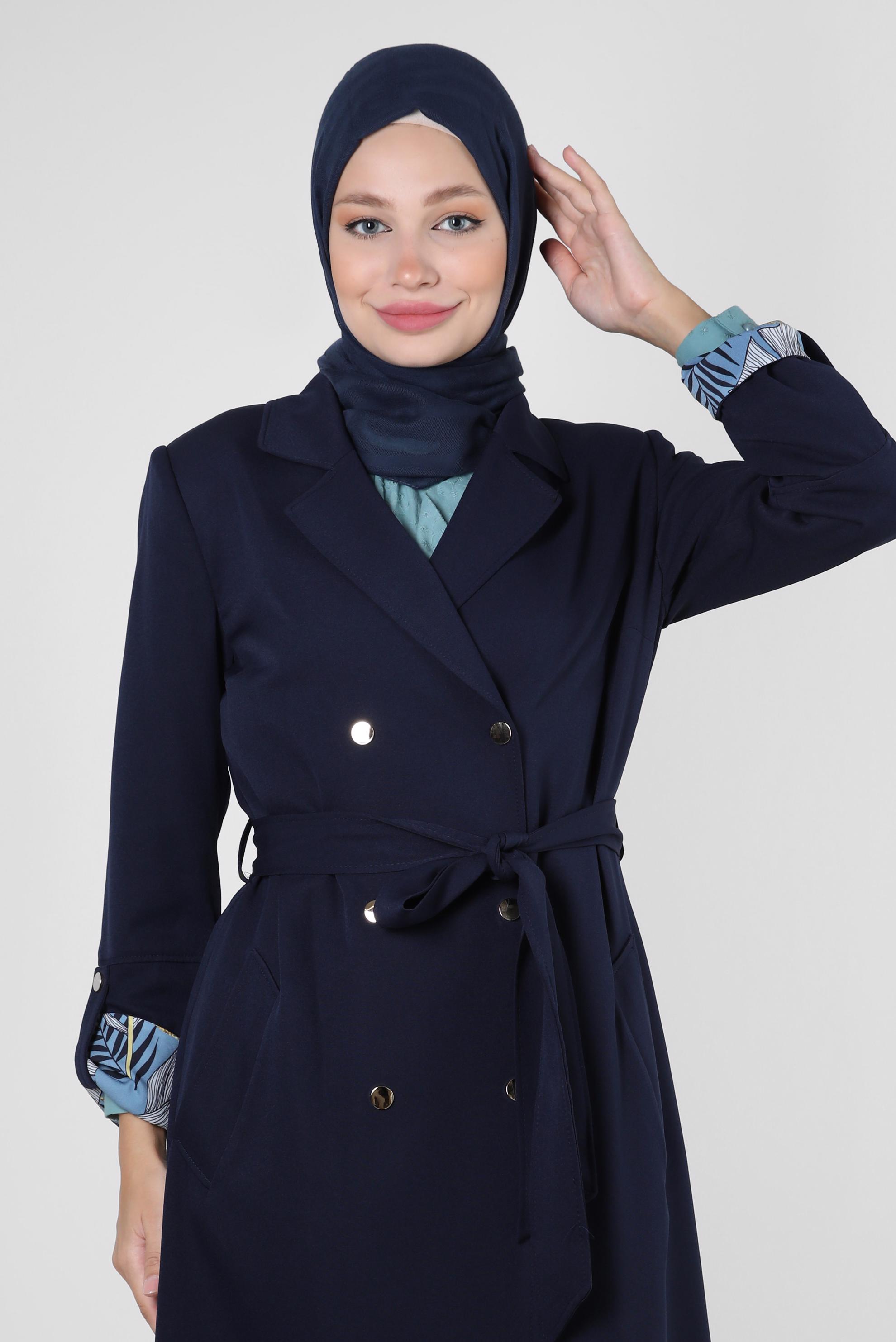 Tesettür giyim LACİVERT KRUVAZE YAKA KUŞAKLI TRENÇKOT 10713
