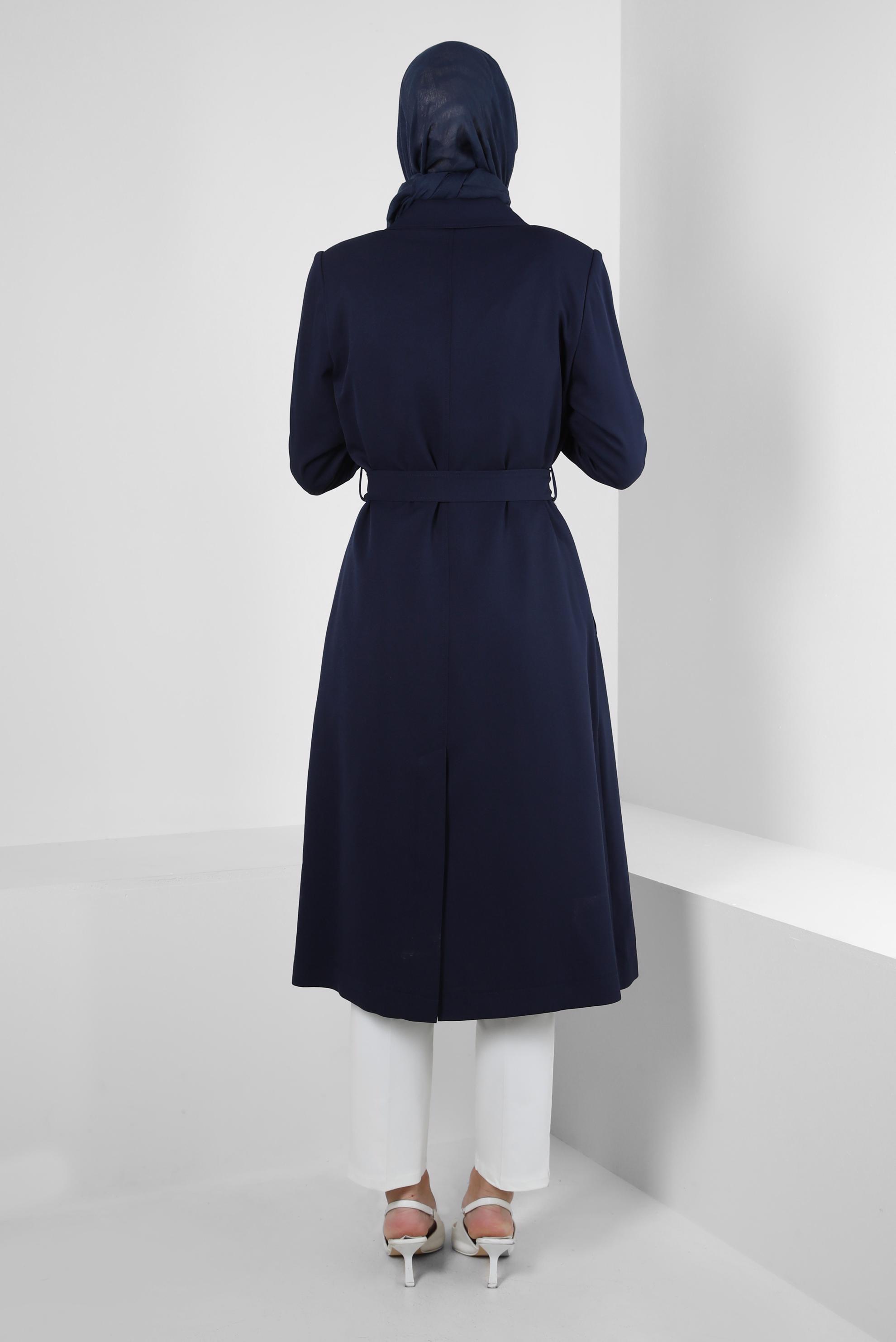 Tesettür giyim LACİVERT KRUVAZE YAKA KUŞAKLI TRENÇKOT 10713