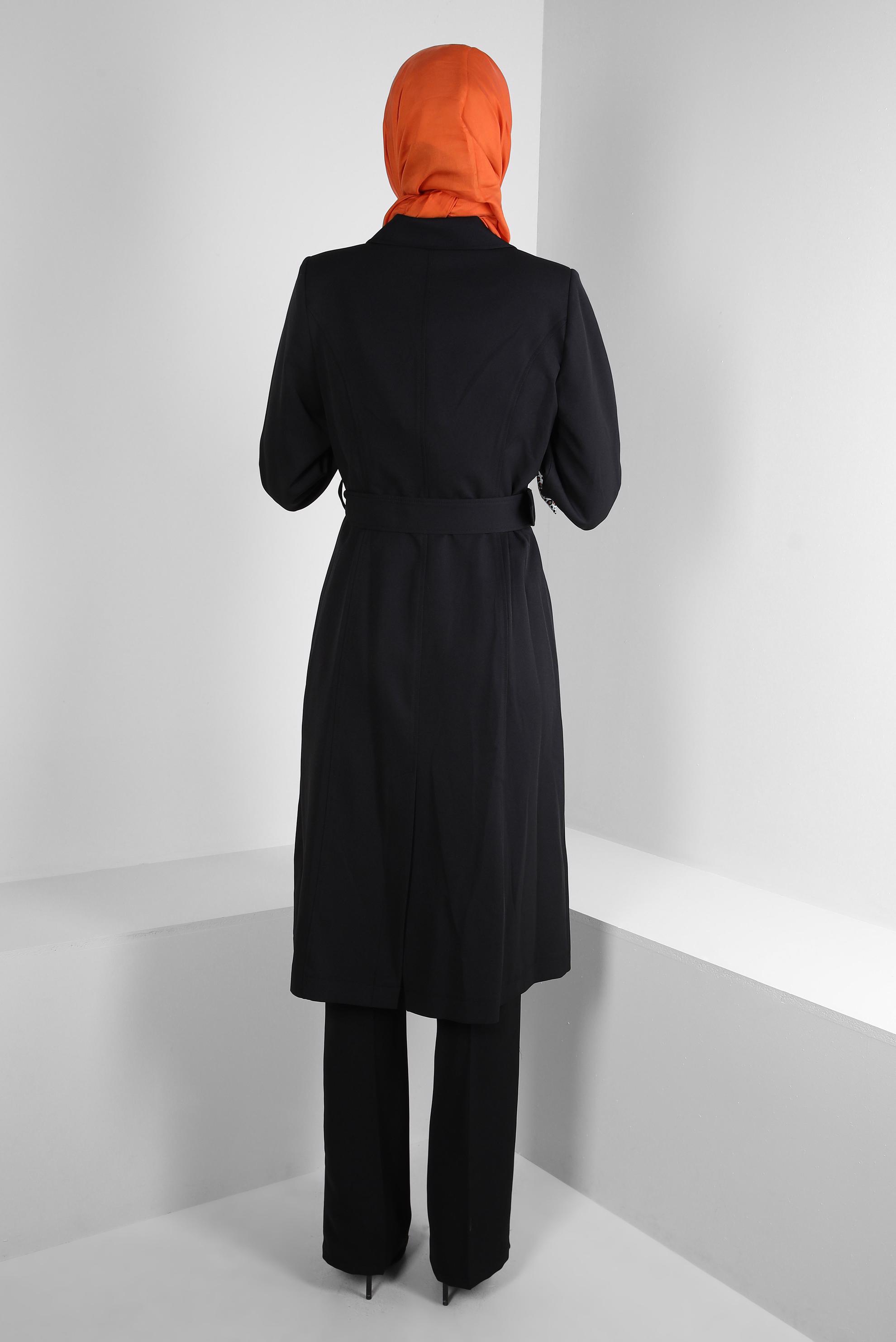 Tesettür giyim SİYAH LEOPAR TÜL DETAYLI KEMERLİ TRENÇKOT 10714