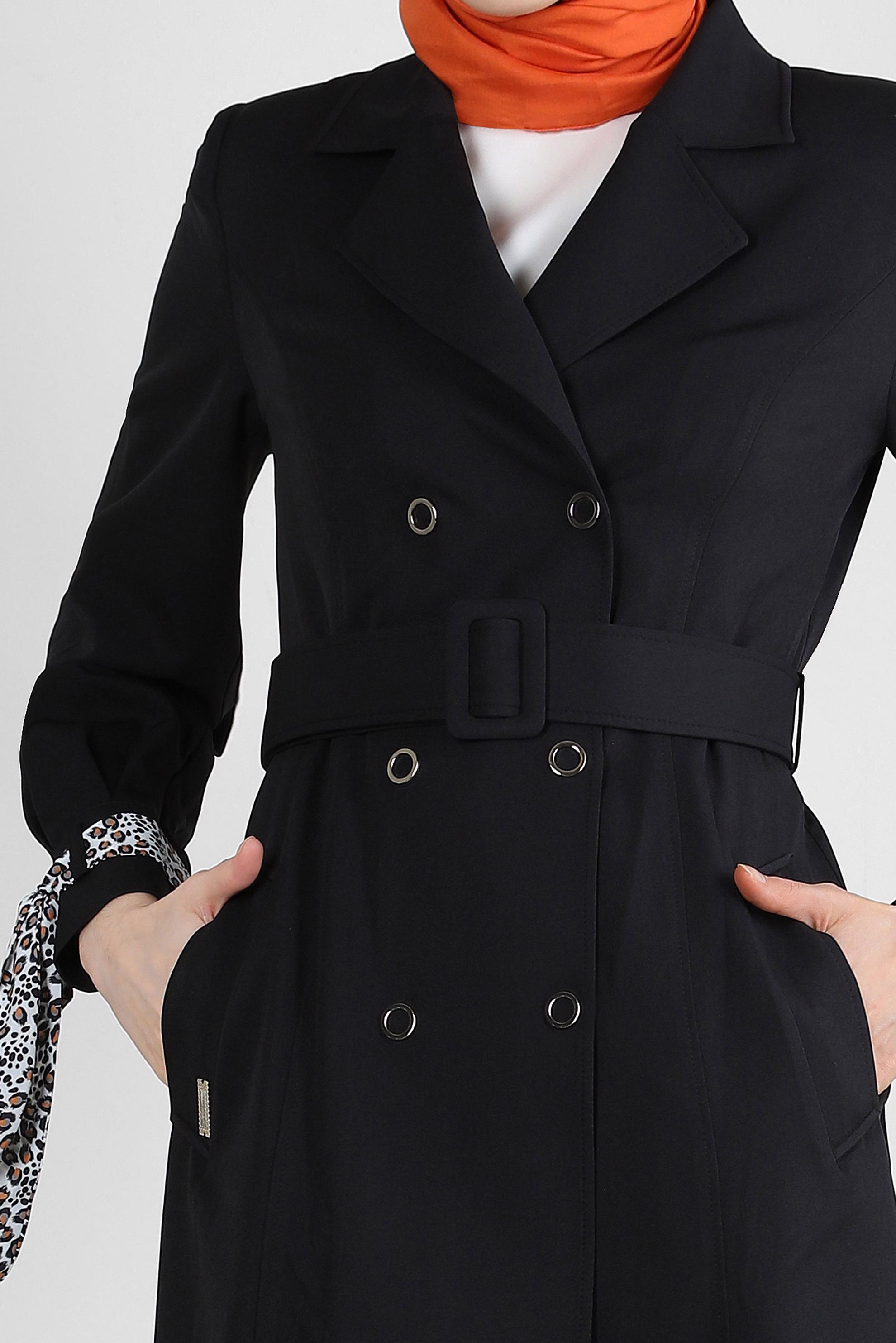 Tesettür giyim SİYAH LEOPAR TÜL DETAYLI KEMERLİ TRENÇKOT 10714