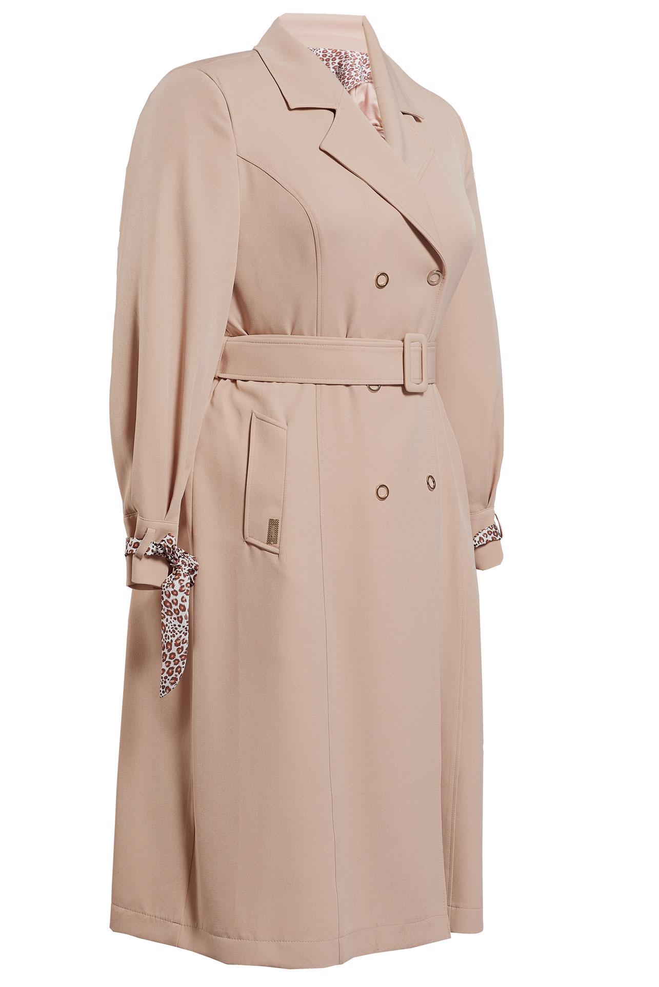 Tesettür giyim BEJ LEOPAR TÜL DETAYLI KEMERLİ TRENÇKOT 10714