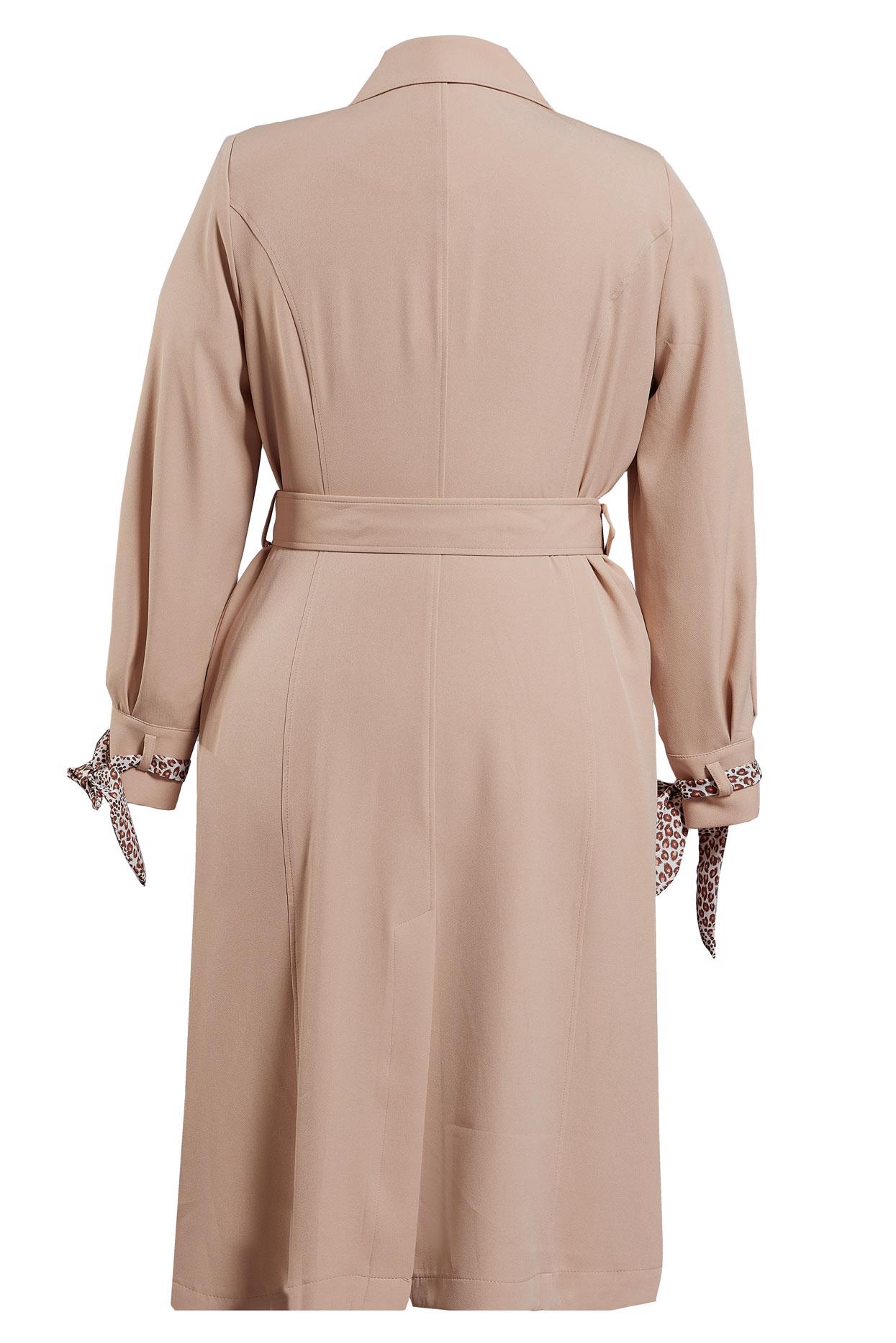 Tesettür giyim BEJ LEOPAR TÜL DETAYLI KEMERLİ TRENÇKOT 10714