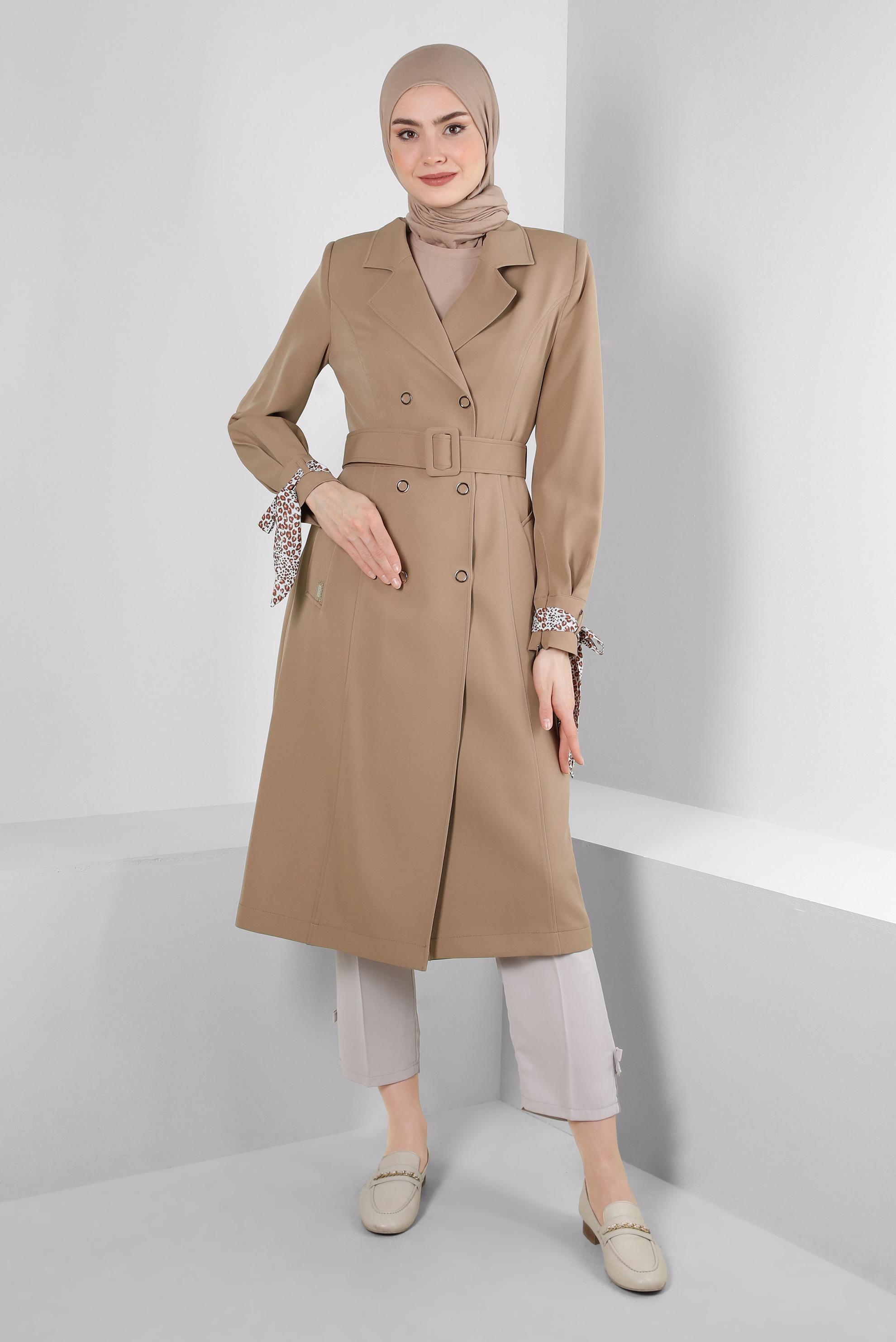 Tesettür giyim KAHVE LEOPAR TÜL DETAYLI KEMERLİ TRENÇKOT 10714
