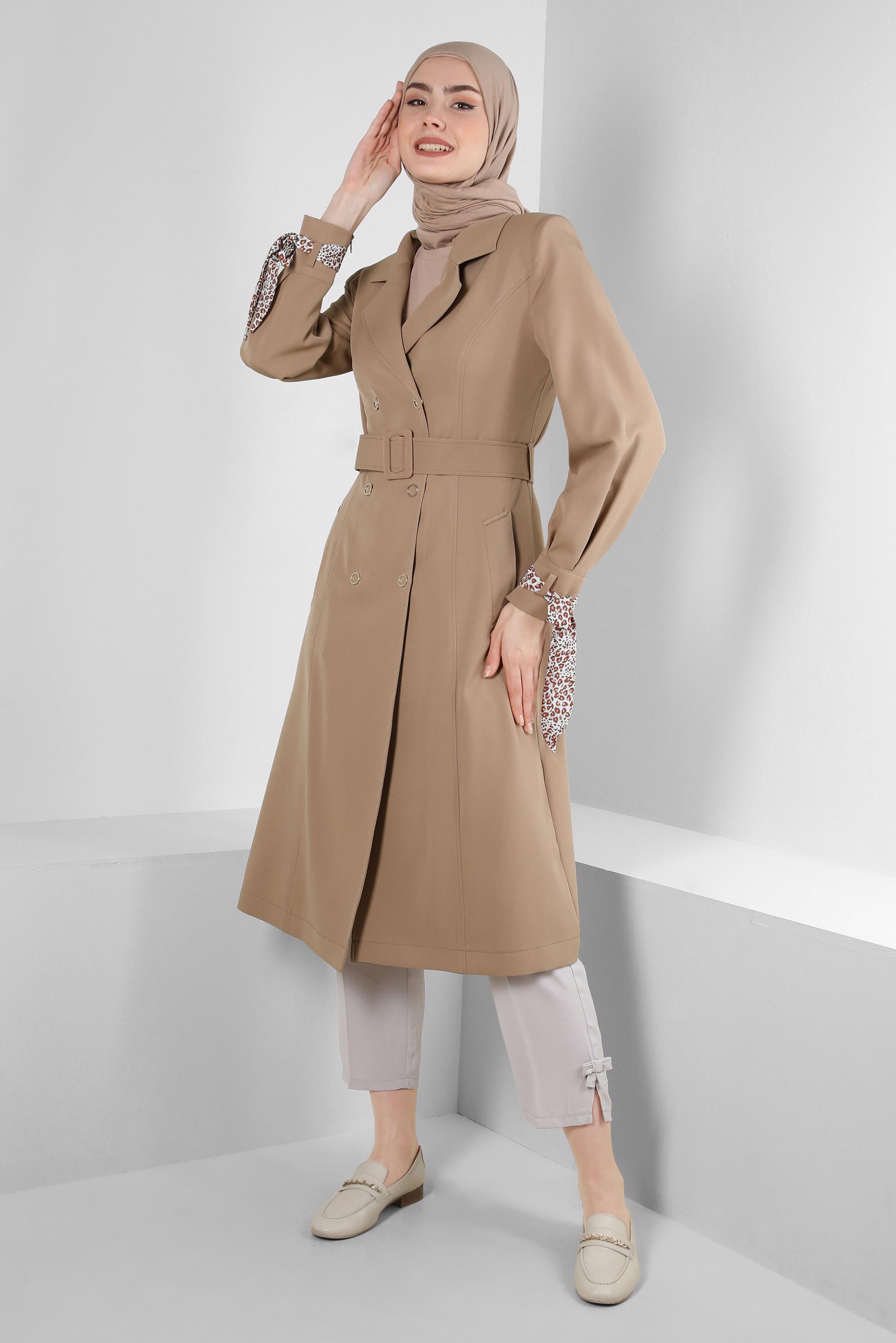Tesettür giyim KAHVE LEOPAR TÜL DETAYLI KEMERLİ TRENÇKOT 10714