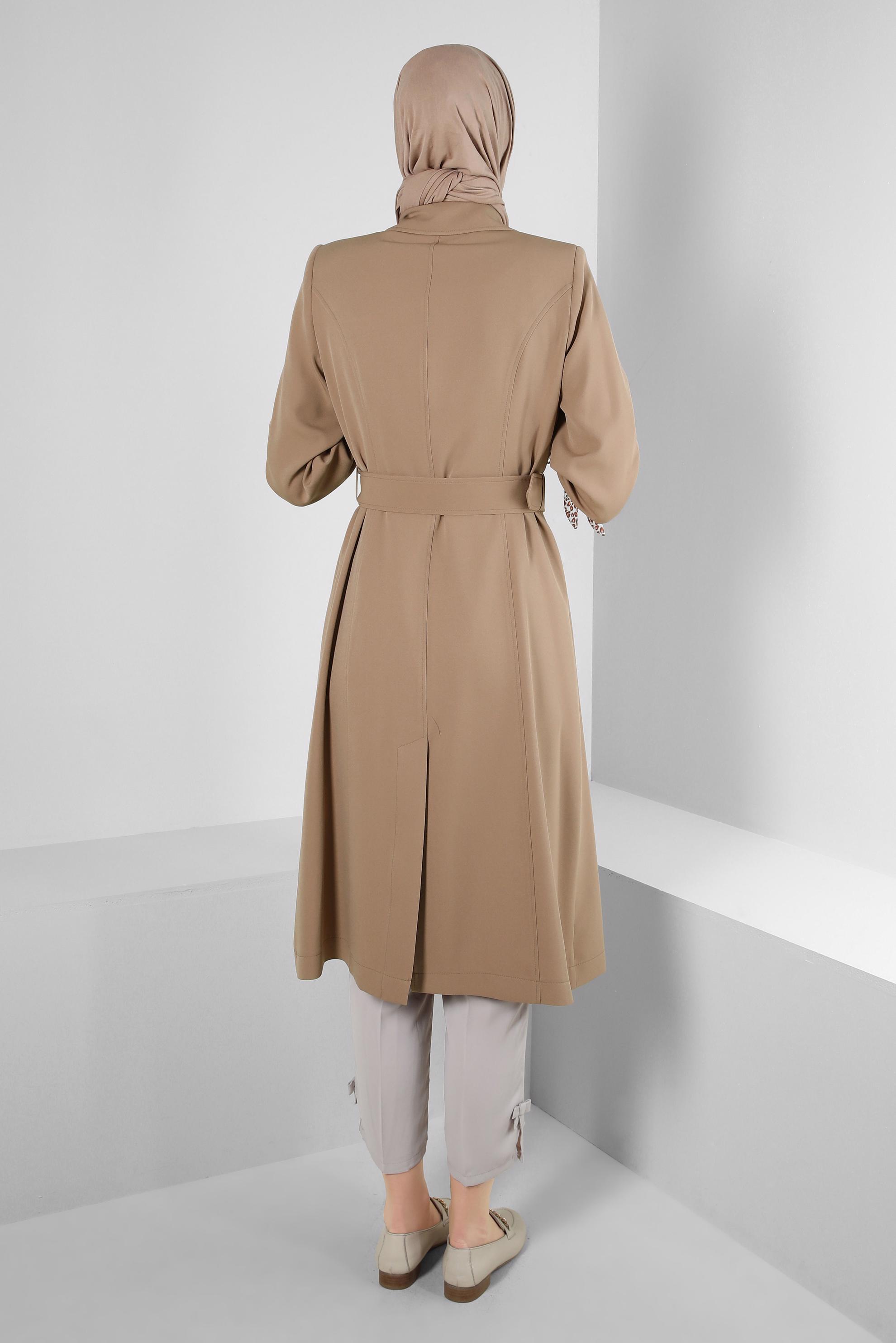 Tesettür giyim KAHVE LEOPAR TÜL DETAYLI KEMERLİ TRENÇKOT 10714