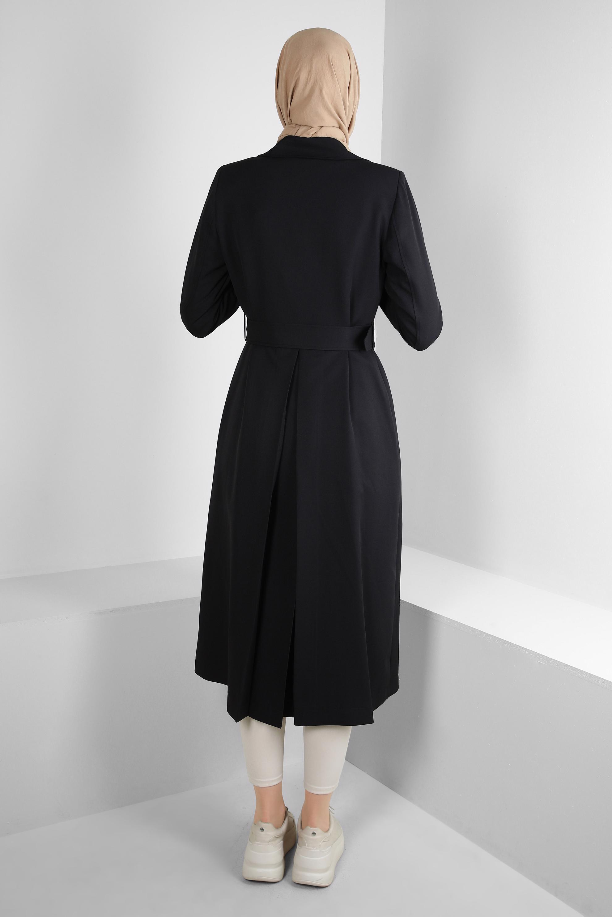 Tesettür giyim SİYAH EKOSE DETAYLI KEMERLİ TRENÇKOT 10715