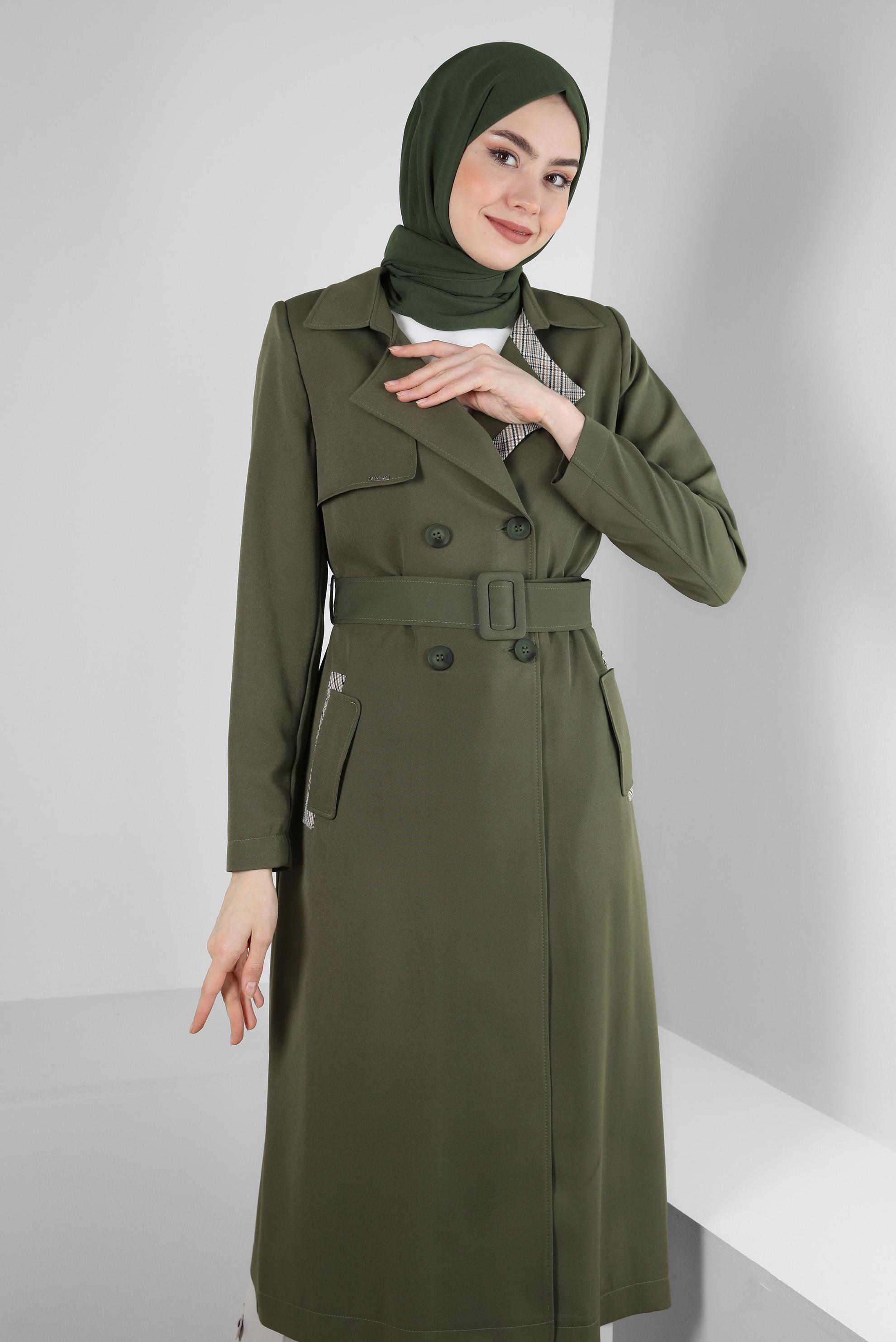 Tesettür giyim HAKİ EKOSE DETAYLI KEMERLİ TRENÇKOT 10715