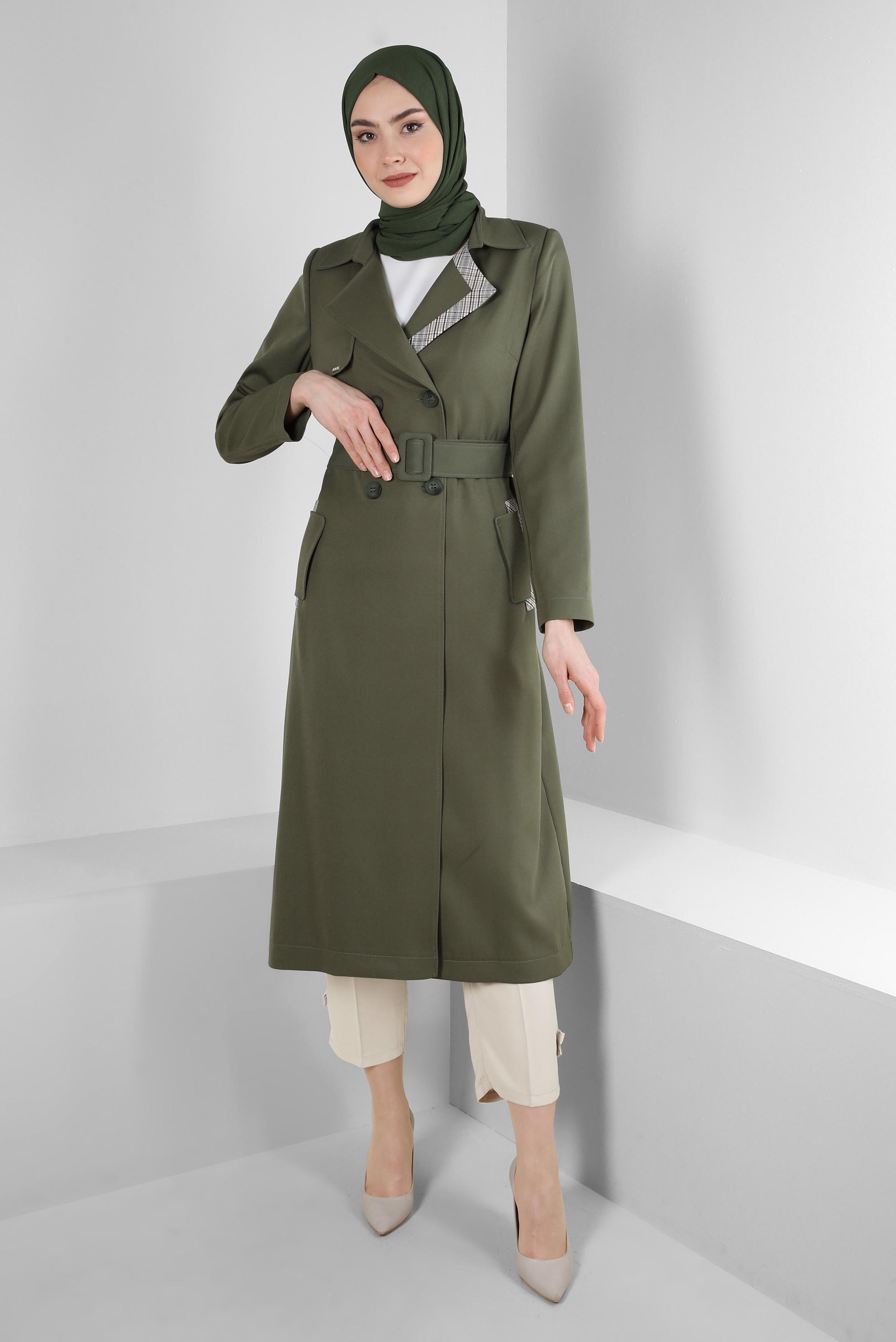 Tesettür giyim HAKİ EKOSE DETAYLI KEMERLİ TRENÇKOT 10715