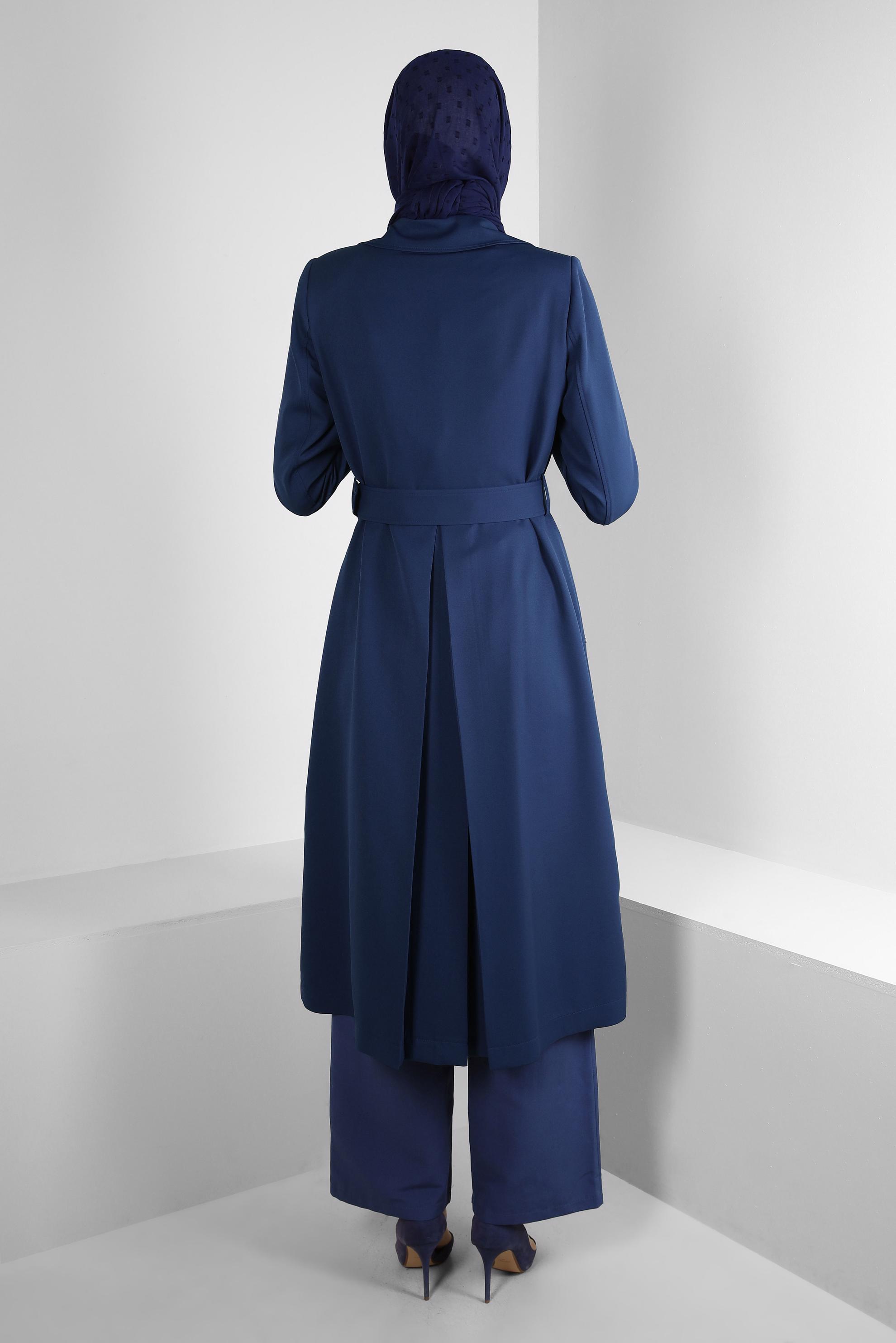 Tesettür giyim LACİVERT EKOSE DETAYLI KEMERLİ TRENÇKOT 10715