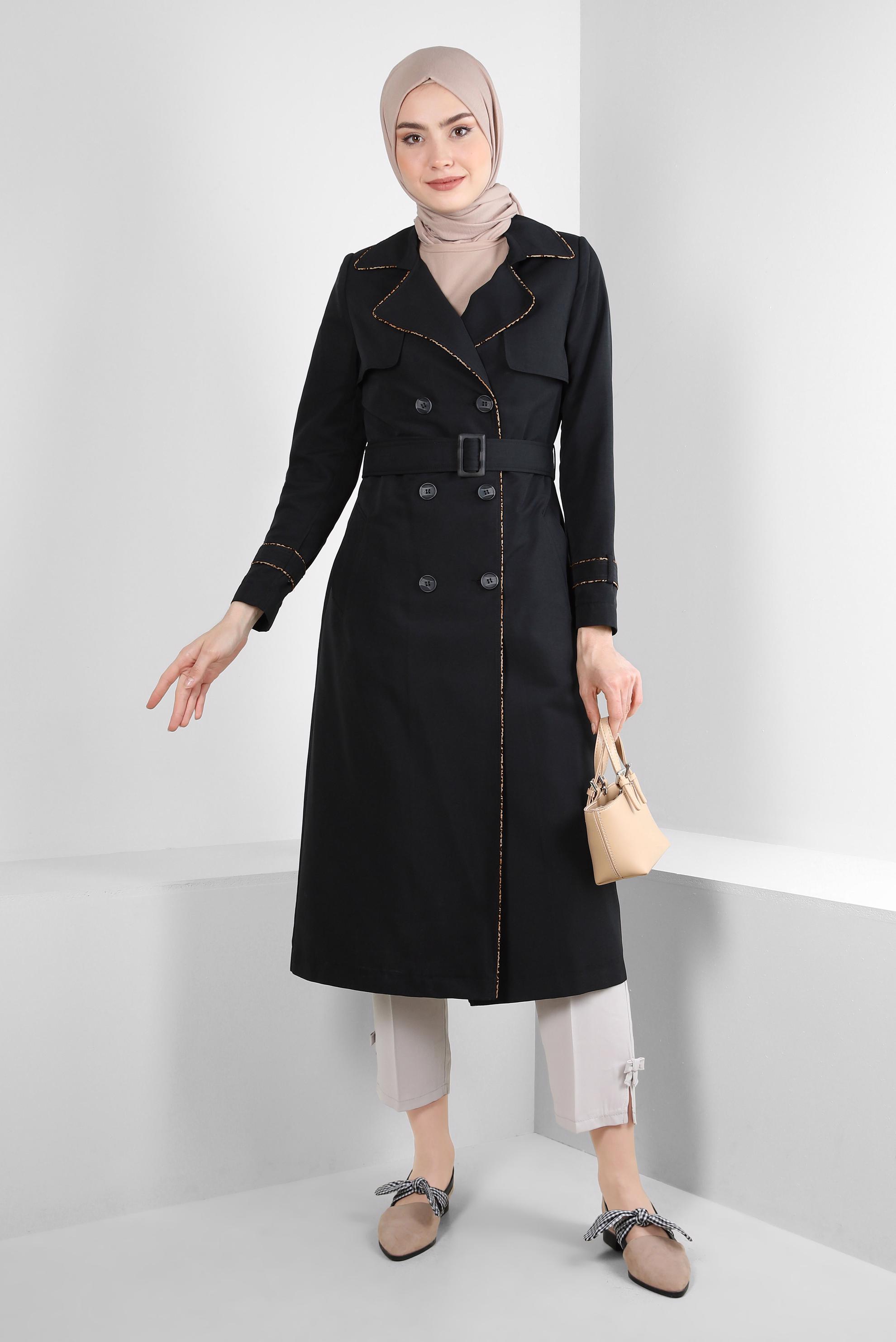 Tesettür giyim SİYAH KRUVAZE YAKA KEMERLİ TRENÇKOT 10716