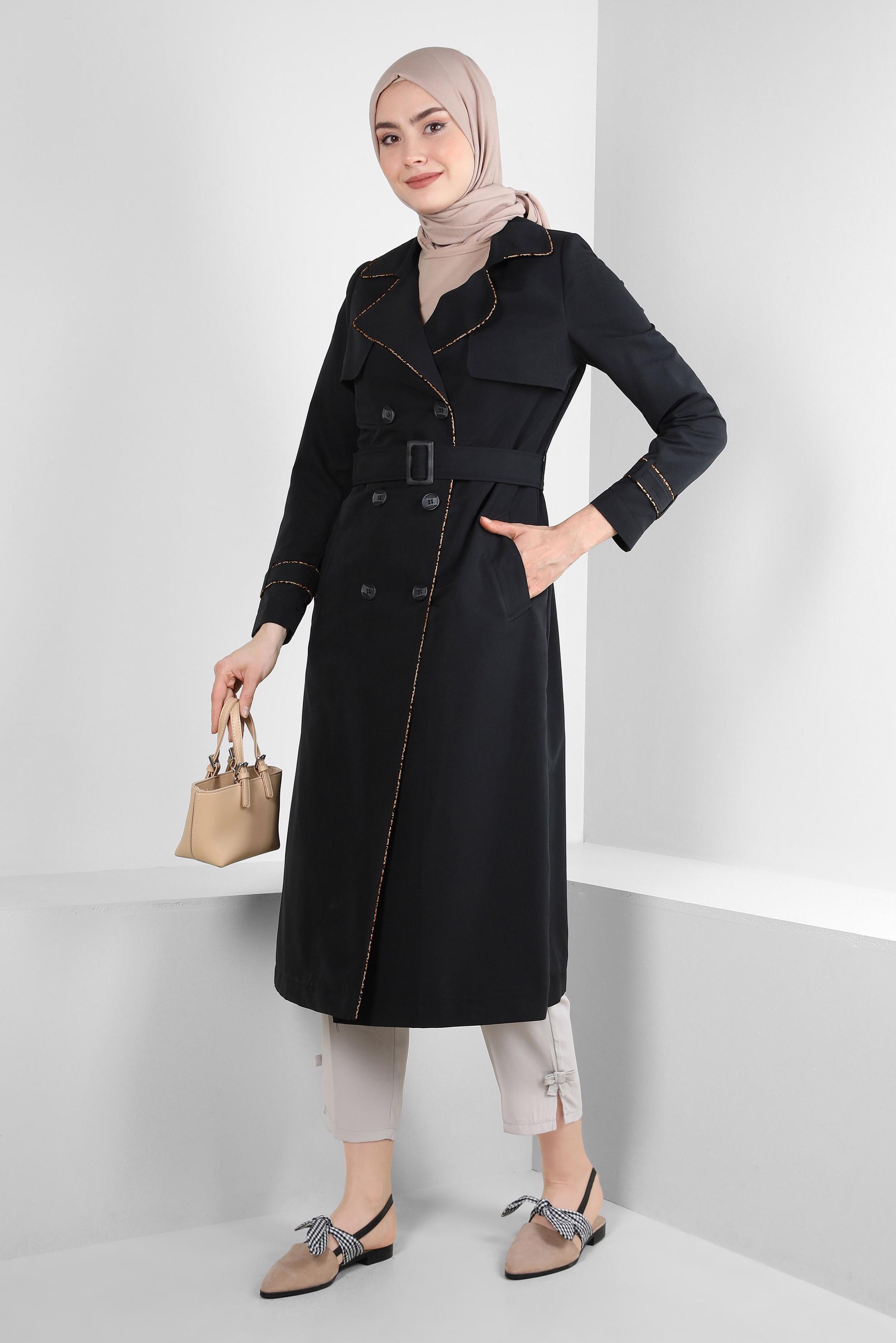 Tesettür giyim SİYAH KRUVAZE YAKA KEMERLİ TRENÇKOT 10716