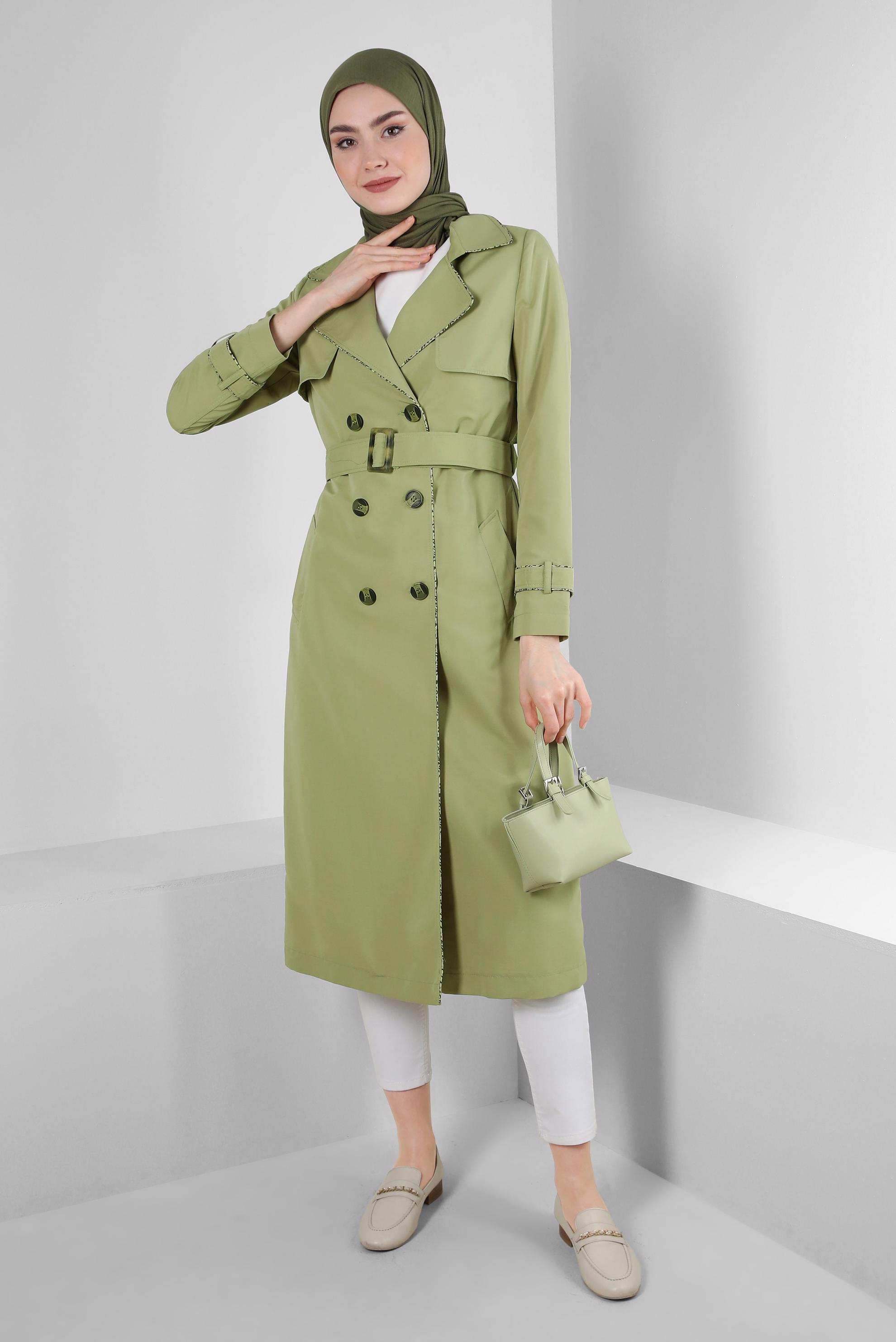 Tesettür giyim YEŞİL KRUVAZE YAKA KEMERLİ TRENÇKOT 10716