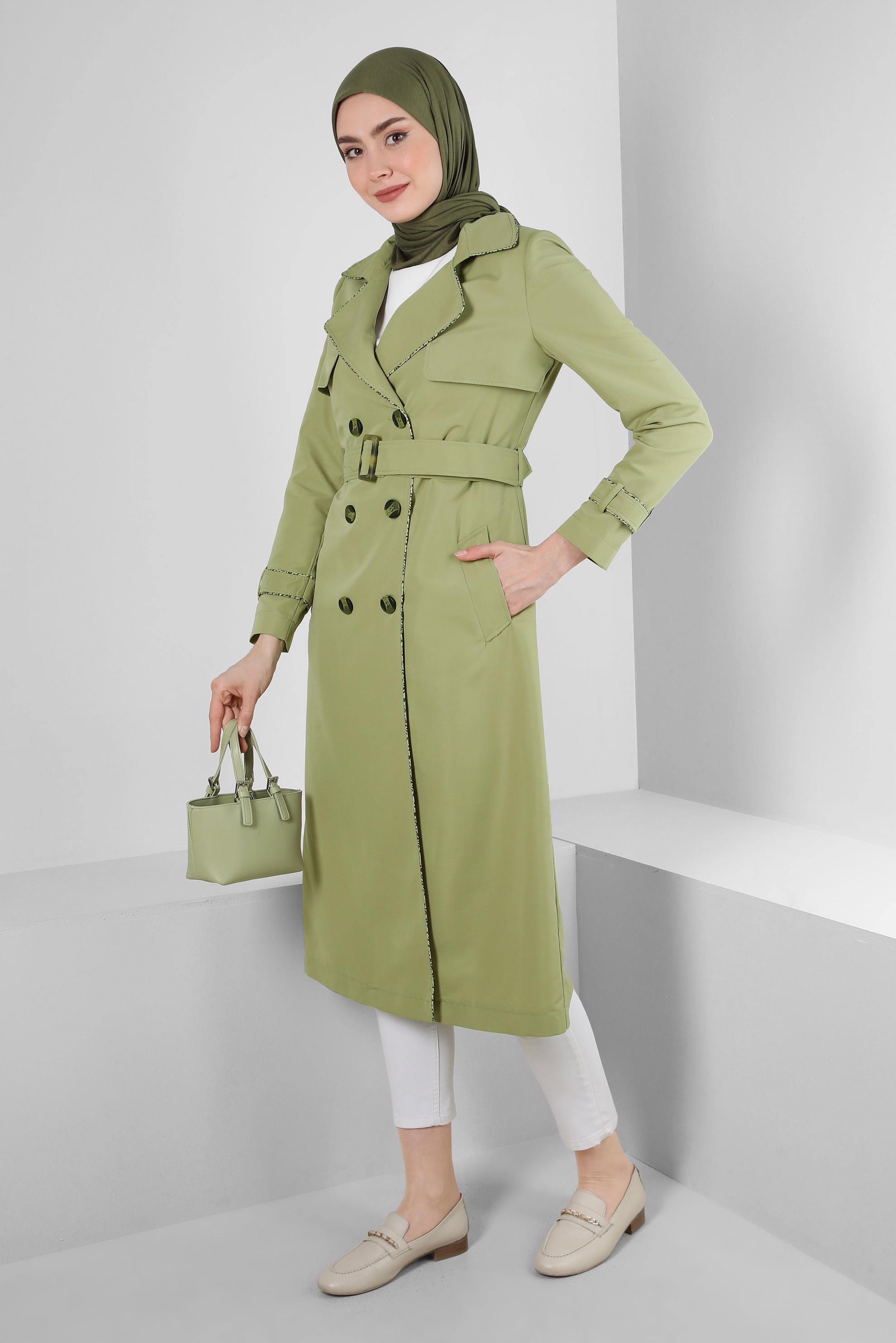 Tesettür giyim YEŞİL KRUVAZE YAKA KEMERLİ TRENÇKOT 10716