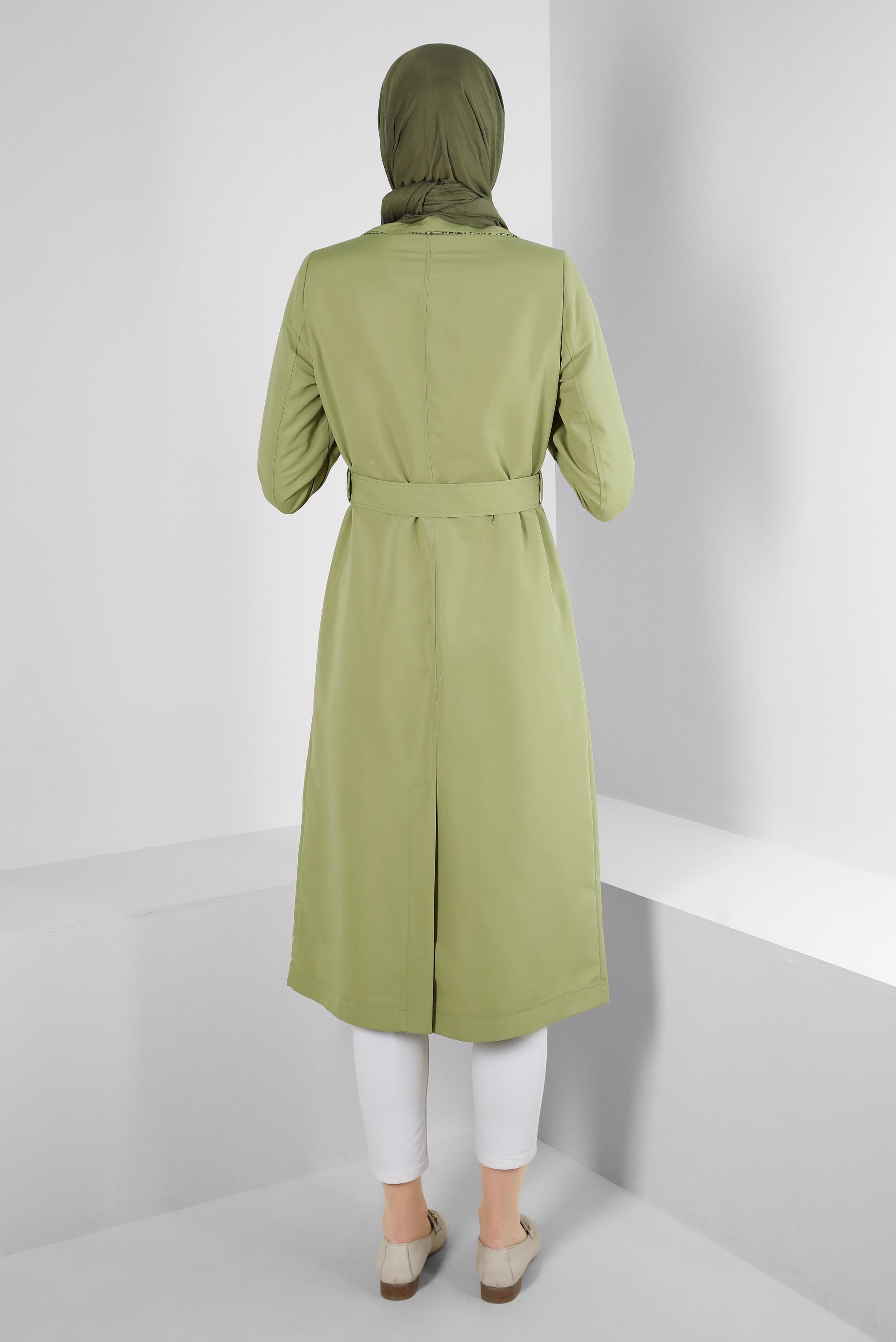Tesettür giyim YEŞİL KRUVAZE YAKA KEMERLİ TRENÇKOT 10716