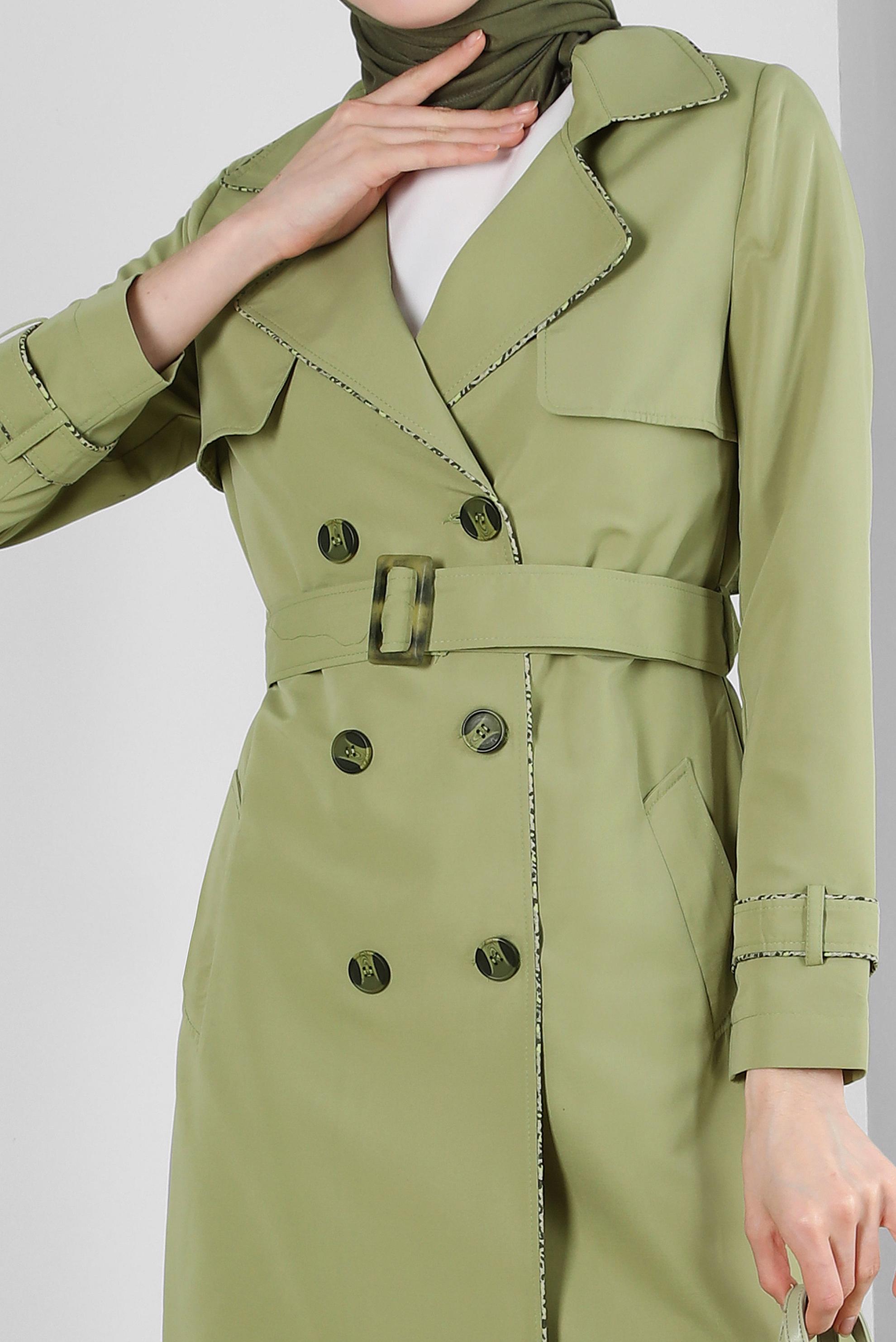 Tesettür giyim YEŞİL KRUVAZE YAKA KEMERLİ TRENÇKOT 10716