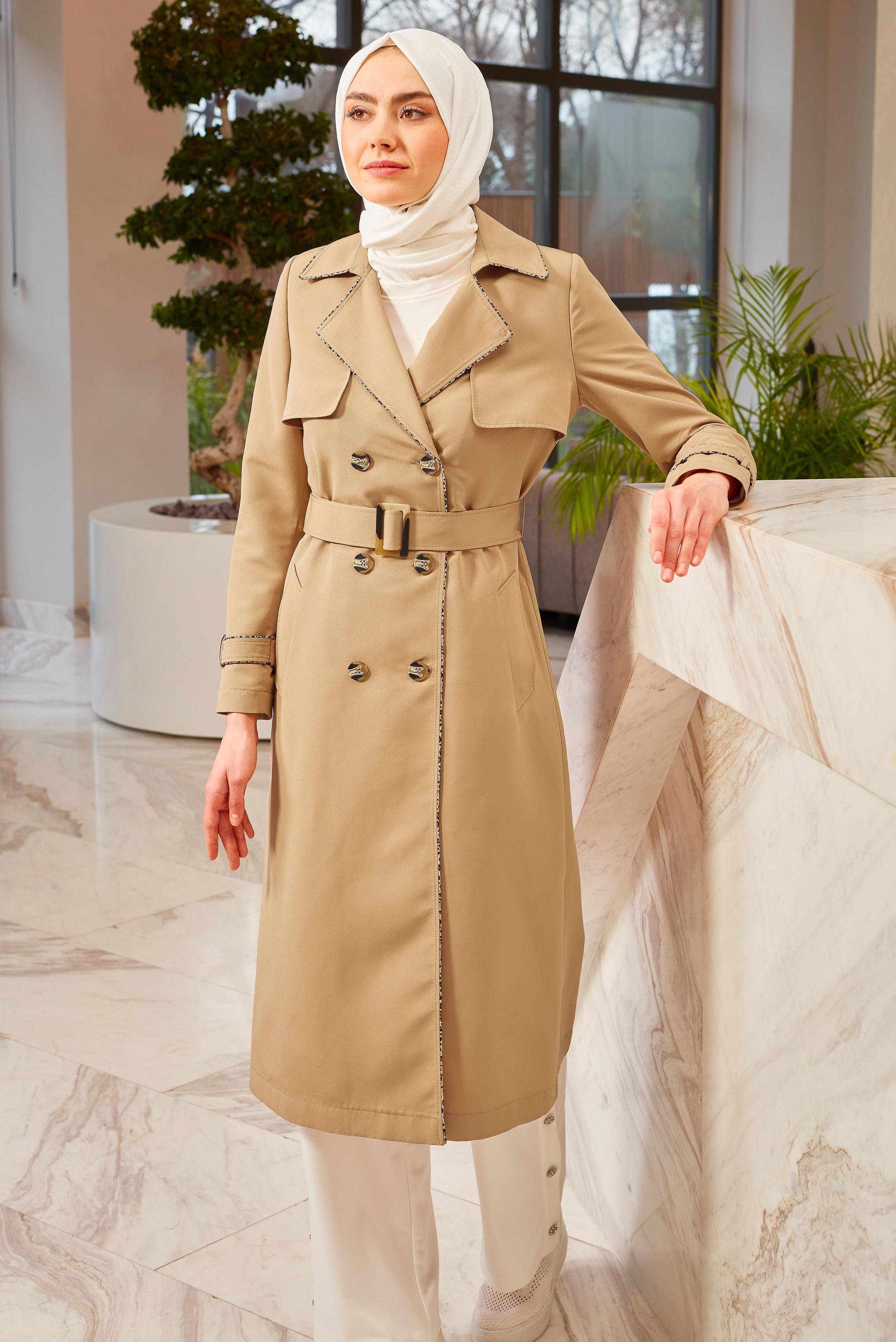 Tesettür giyim KAHVE KRUVAZE YAKA KEMERLİ TRENÇKOT 10716