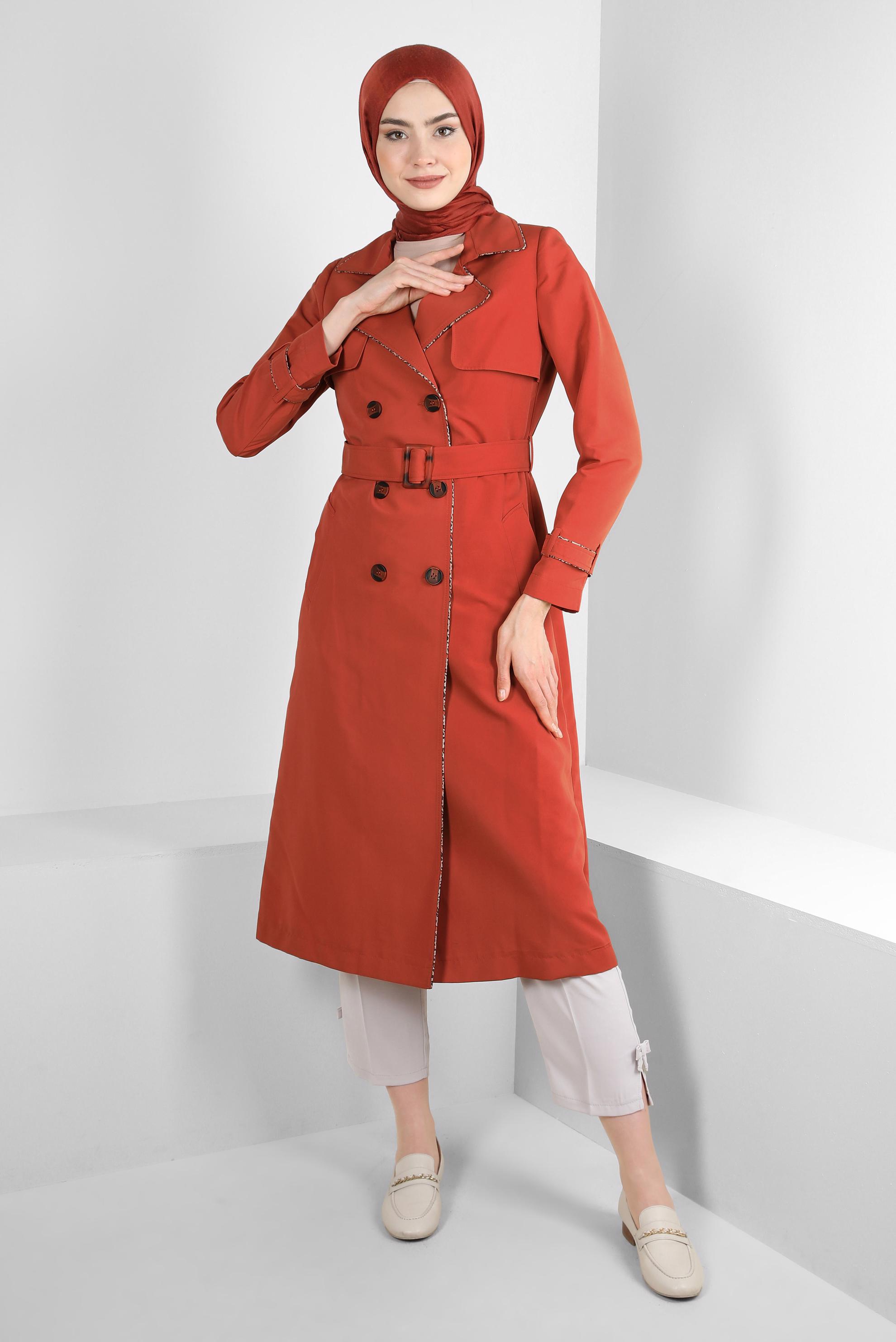 Tesettür giyim TURUNCU KRUVAZE YAKA KEMERLİ TRENÇKOT 10716