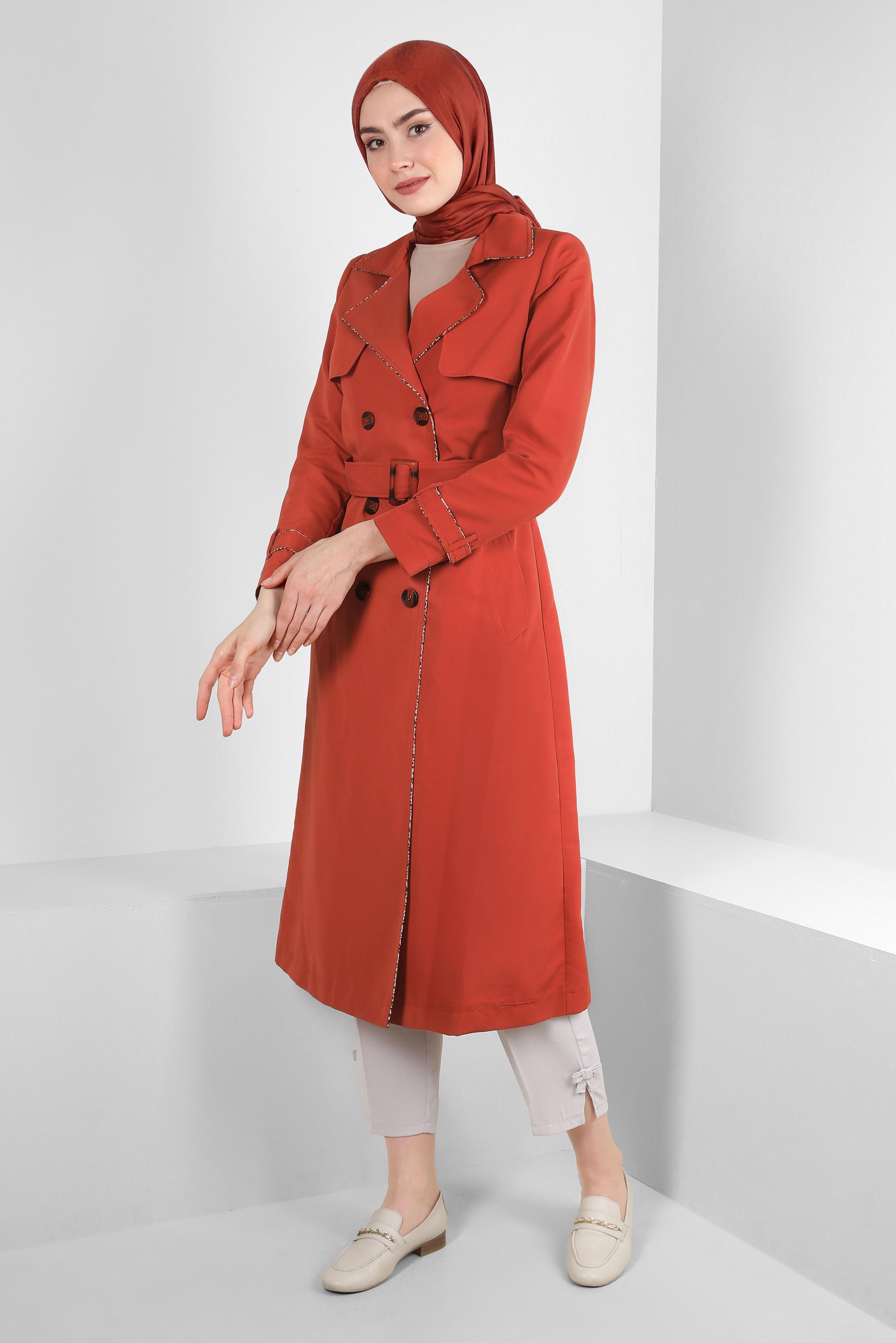 Tesettür giyim TURUNCU KRUVAZE YAKA KEMERLİ TRENÇKOT 10716