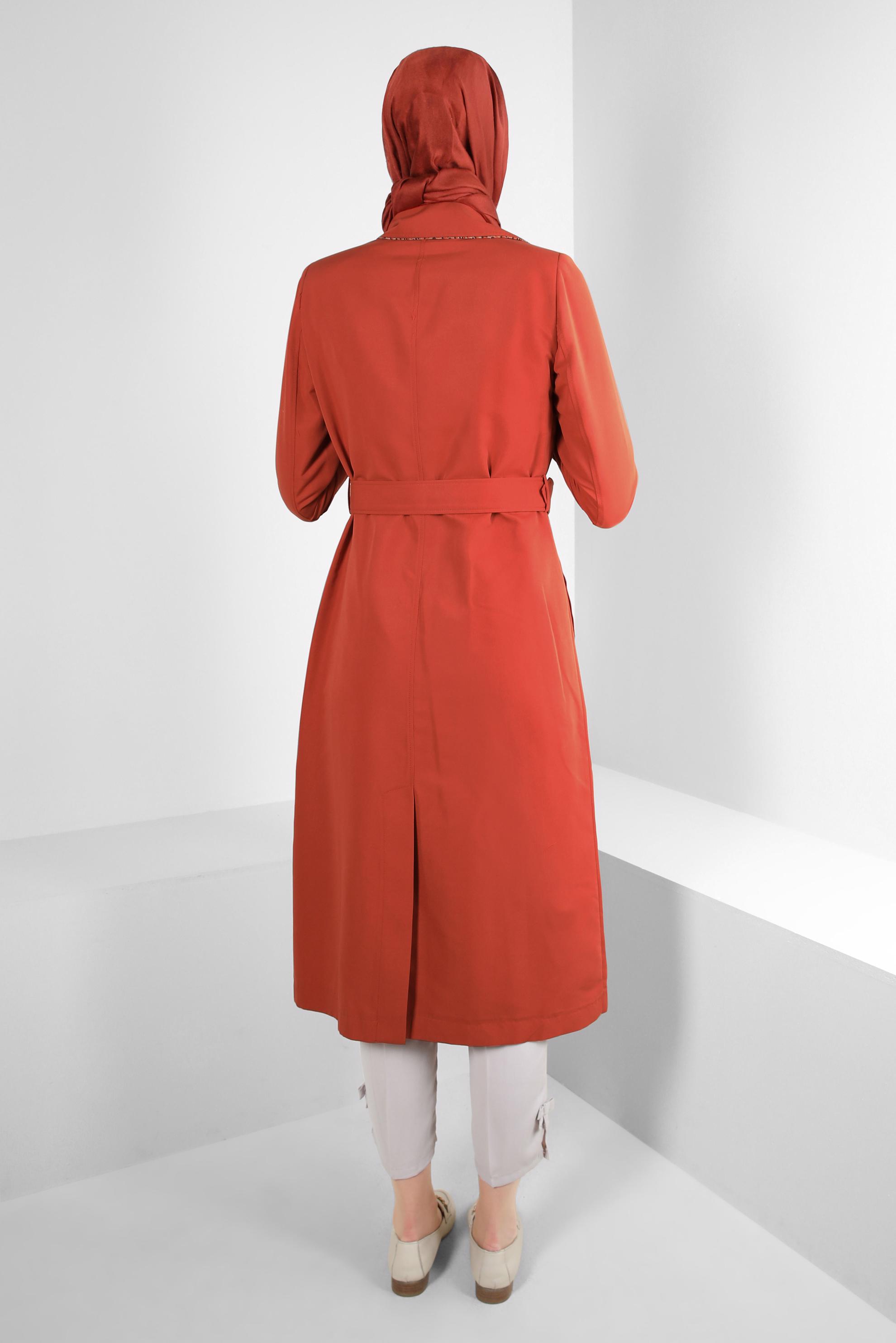 Tesettür giyim TURUNCU KRUVAZE YAKA KEMERLİ TRENÇKOT 10716