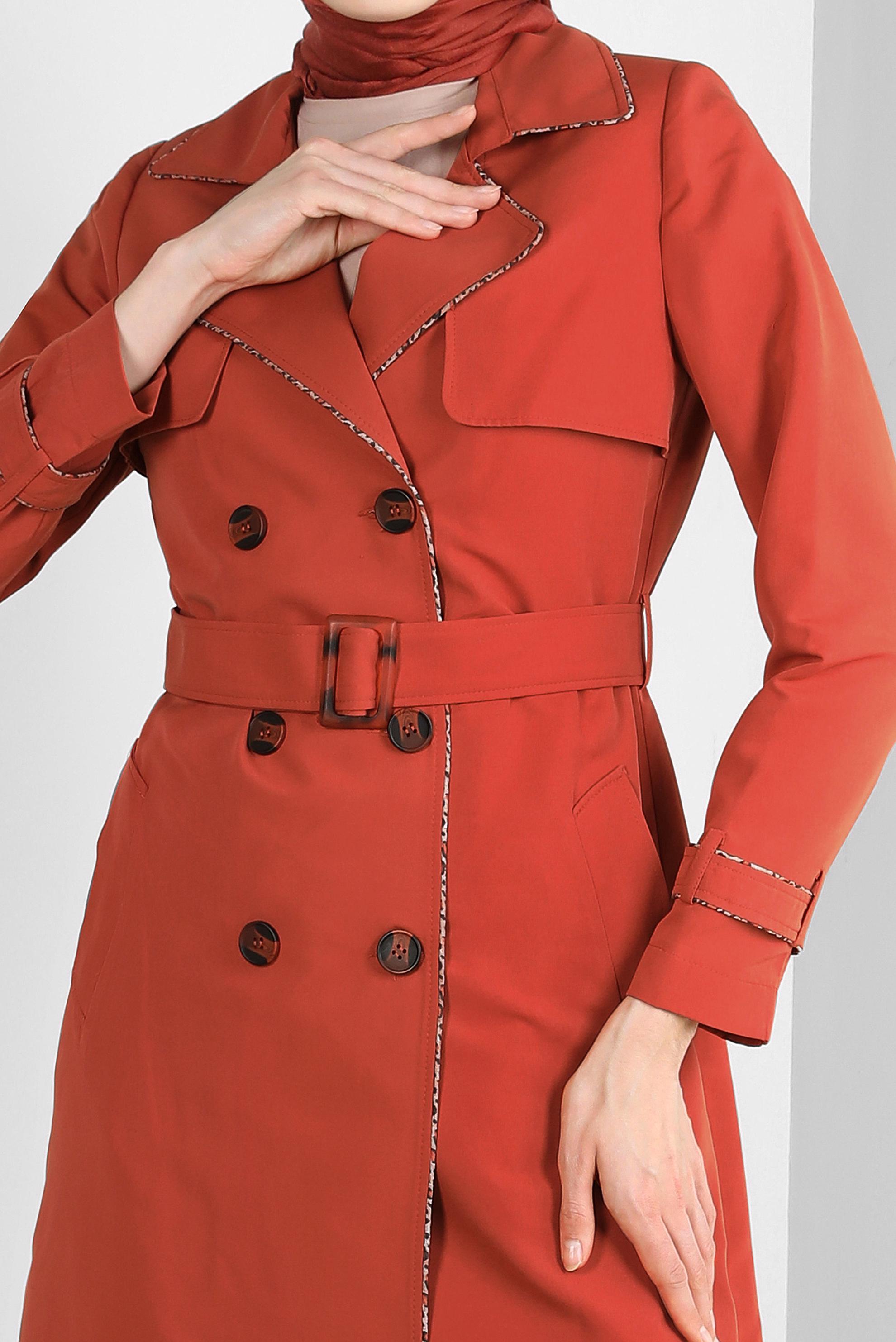 Tesettür giyim TURUNCU KRUVAZE YAKA KEMERLİ TRENÇKOT 10716