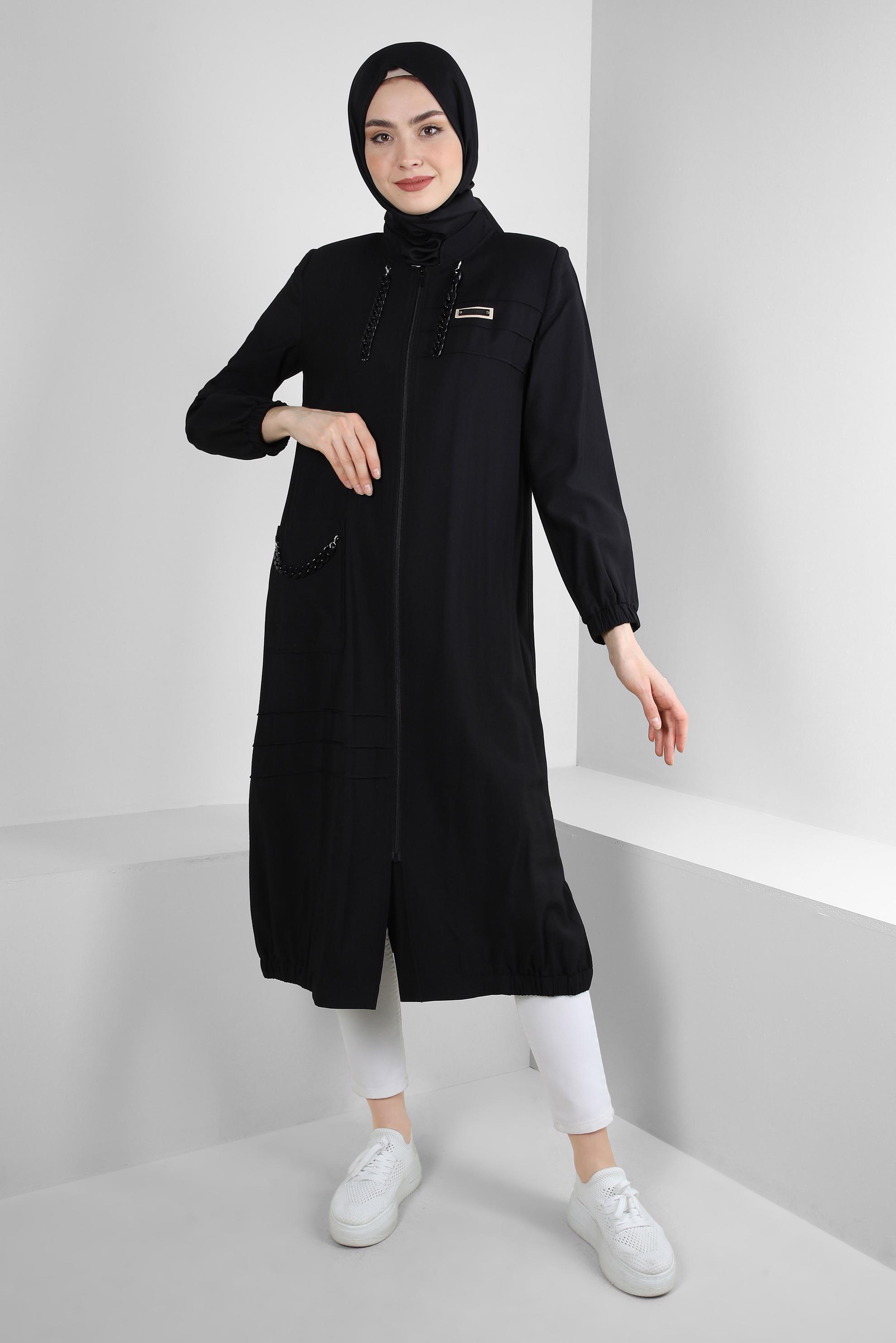Tesettür giyim SİYAH ZİNCİR DETAYLI FERMUARLI TRENÇKOT 10717 