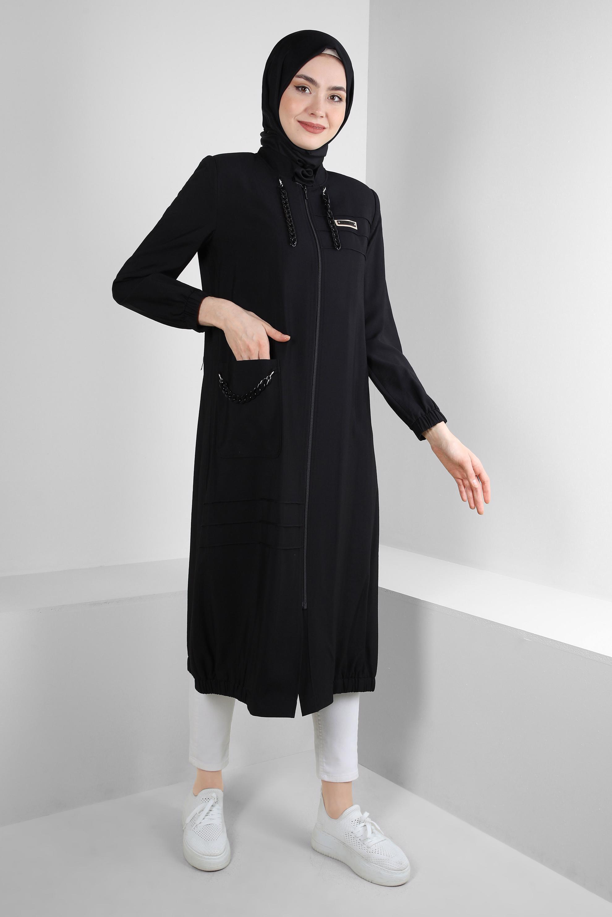 Tesettür giyim SİYAH ZİNCİR DETAYLI FERMUARLI TRENÇKOT 10717 