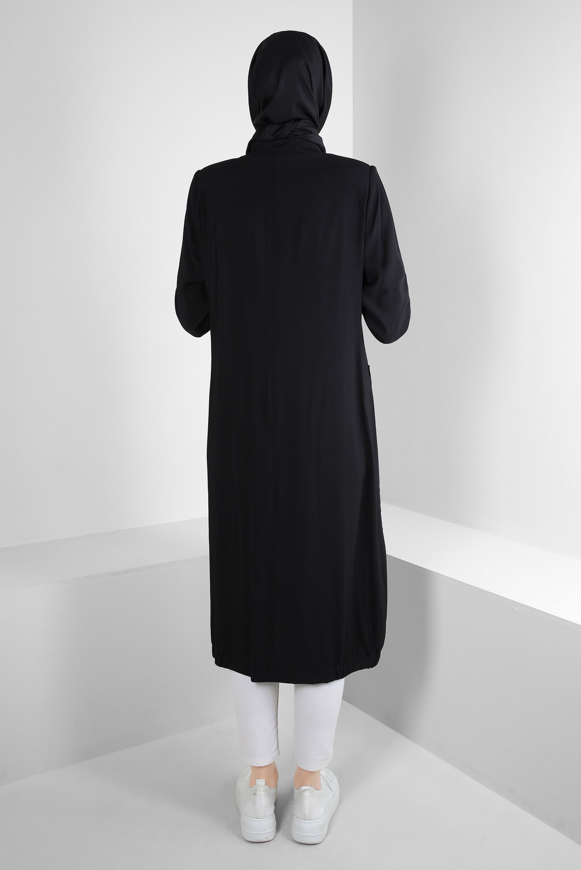 Tesettür giyim SİYAH ZİNCİR DETAYLI FERMUARLI TRENÇKOT 10717 