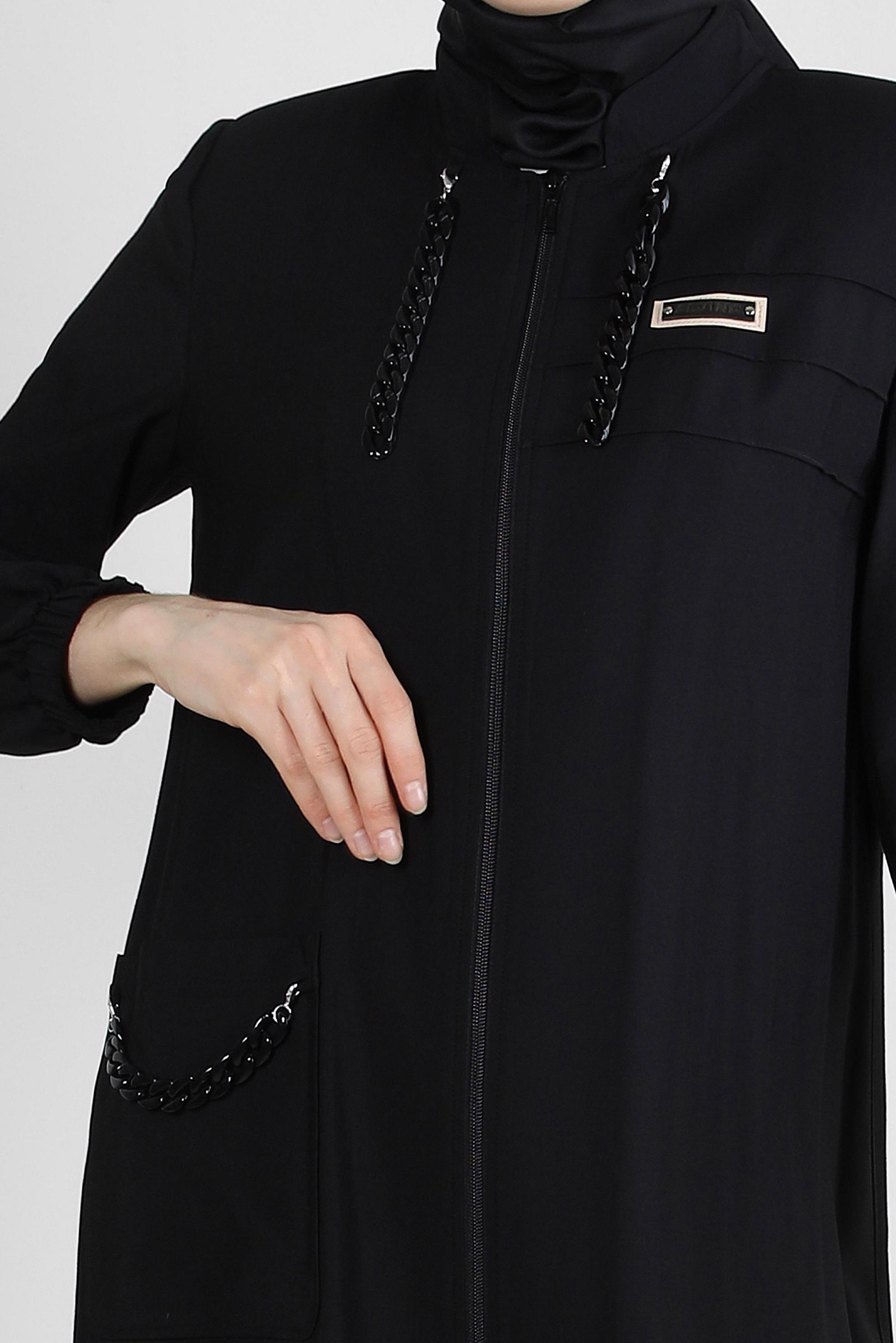 Tesettür giyim SİYAH ZİNCİR DETAYLI FERMUARLI TRENÇKOT 10717 